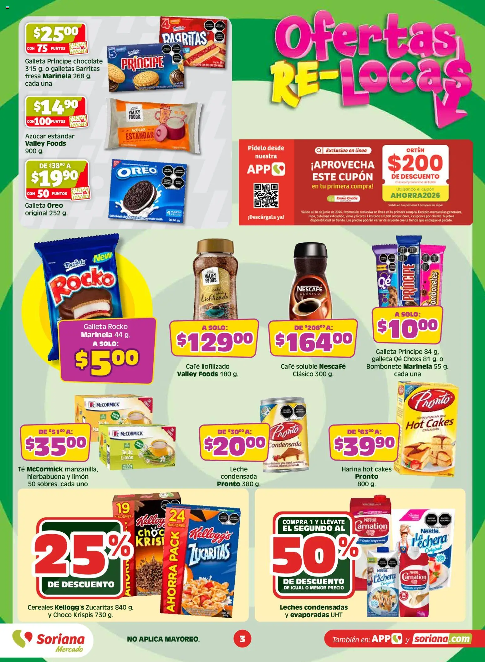 Nuevas ofertas de Soriana válidas en toda la República Mexicana desde el 14.05.2026. ¡Encuentra las mejores ofertas en Soriana Ofertas Re Locas Mercado Nacional! | Página: 3 | Productos: Café, Cereales, Galletas, Té