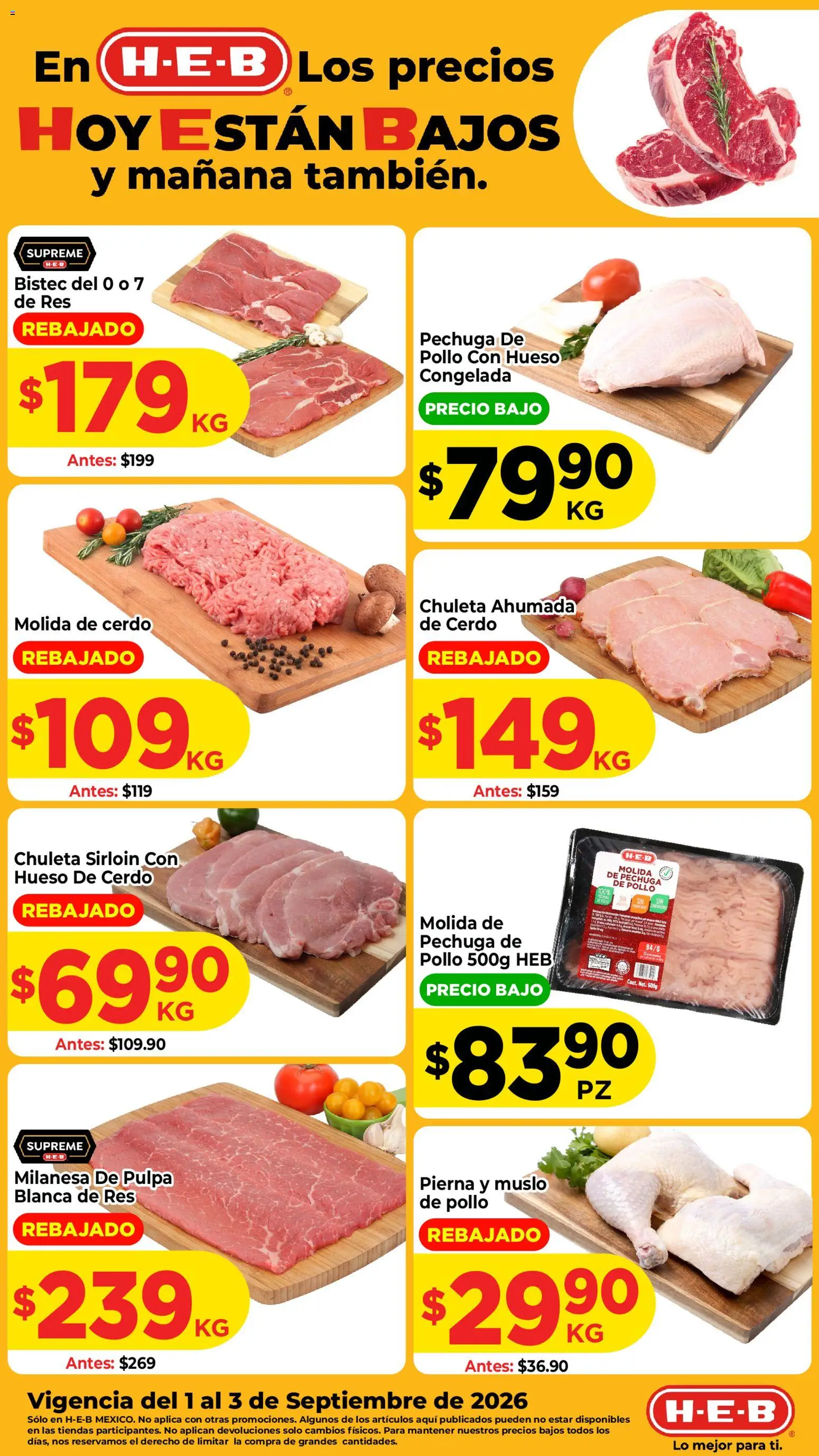 Nuevas ofertas de H-E-B válidas en toda la República Mexicana desde el 01/09/2026. ¡Encuentra las mejores ofertas en H-E-B folleto Los precios hoy están bajos! | Página: 1 | Productos: Chuleta, Chuleta ahumada, Cerdo, Res