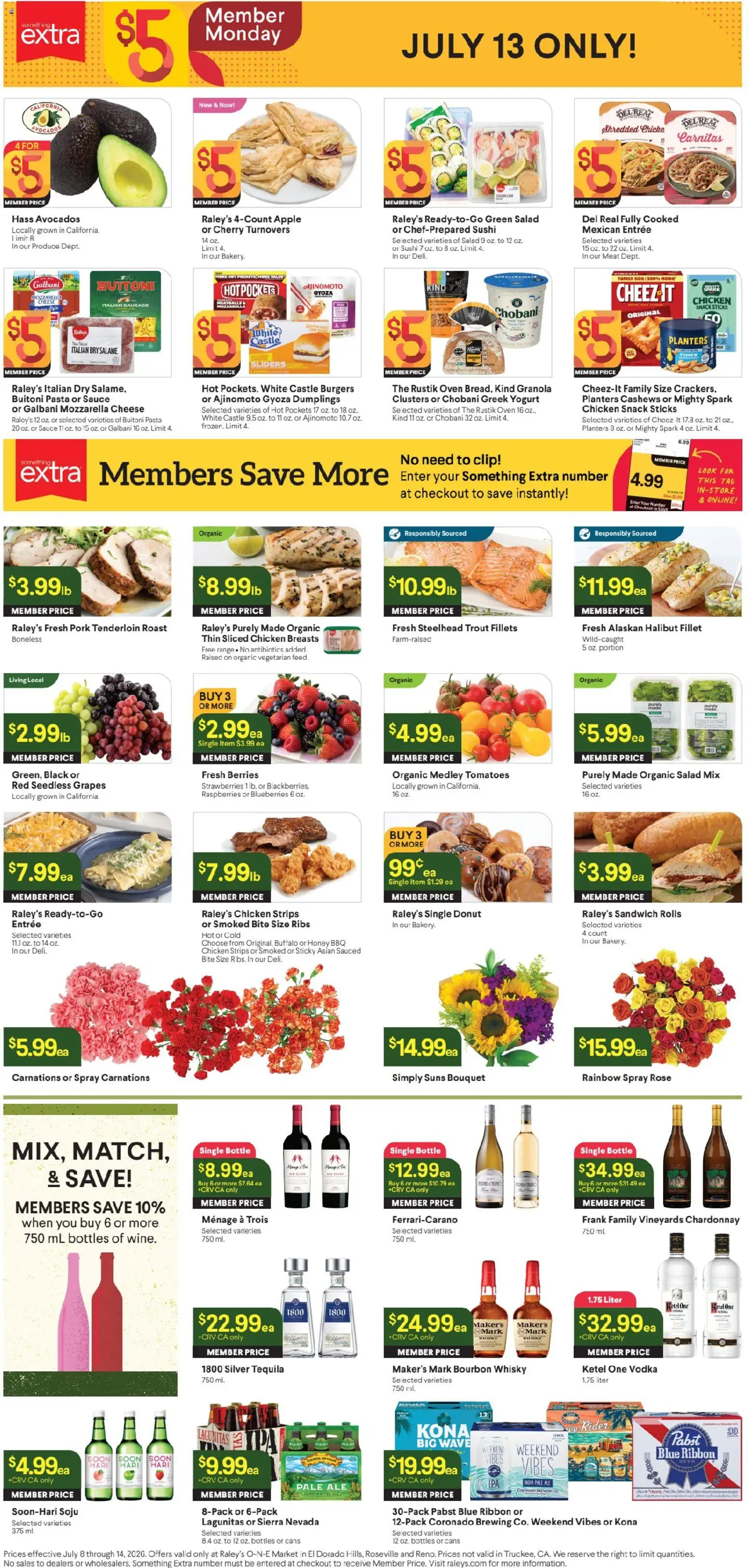 Raley's Ad - valid from 07/08/2026 | Page: 2 | Products: Cheese, Tomatoes, Vodka, Salad