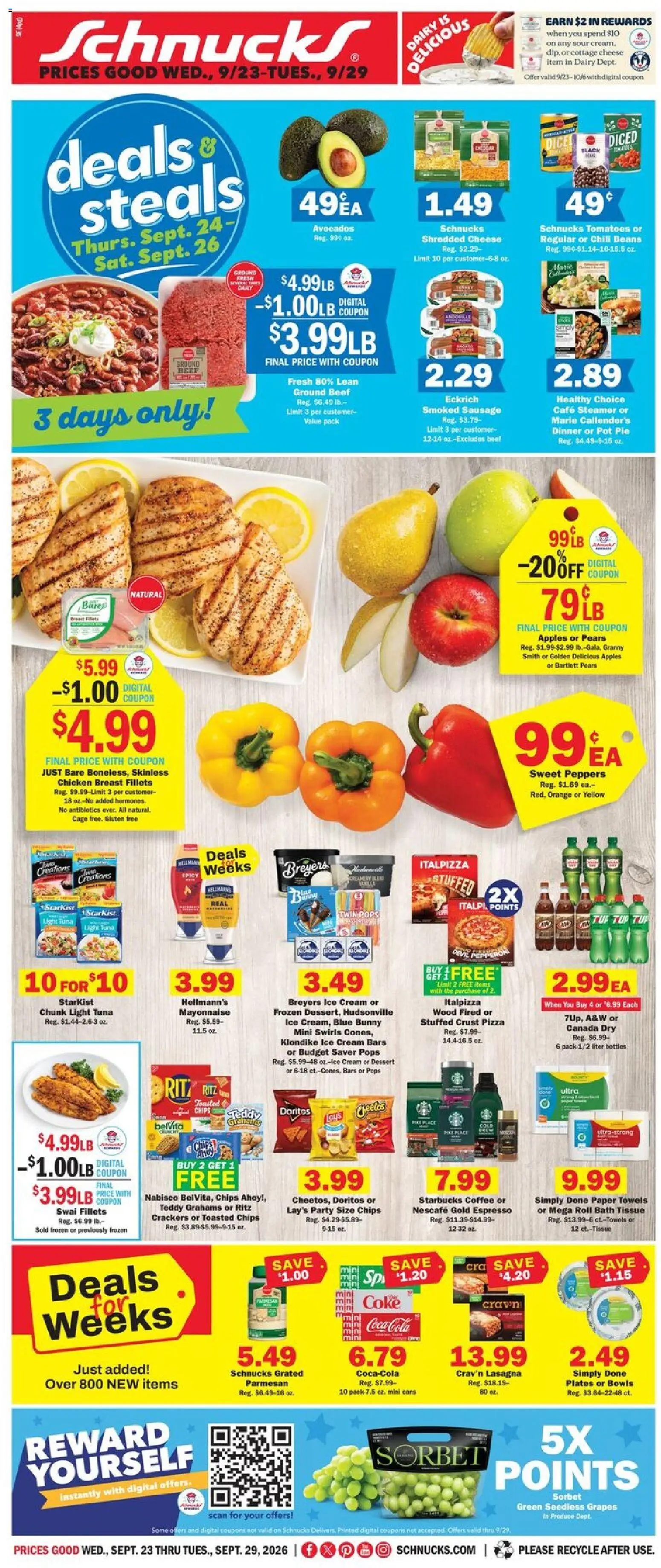 Schnucks Weekly Ad - valid from 09/23/2026 | Page: 1 | Products: Coffee, Chicken breast fillets, Sausage, Grapes