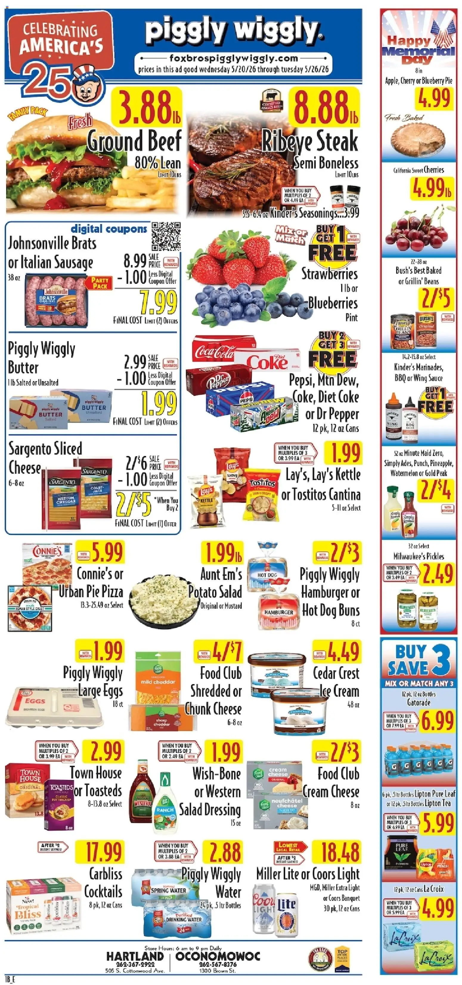 Piggly Wiggly Weekly Ad - valid from 20.05.2026 | Page: 3 | Products: Ice cream, Salad, Sausage, Blueberries