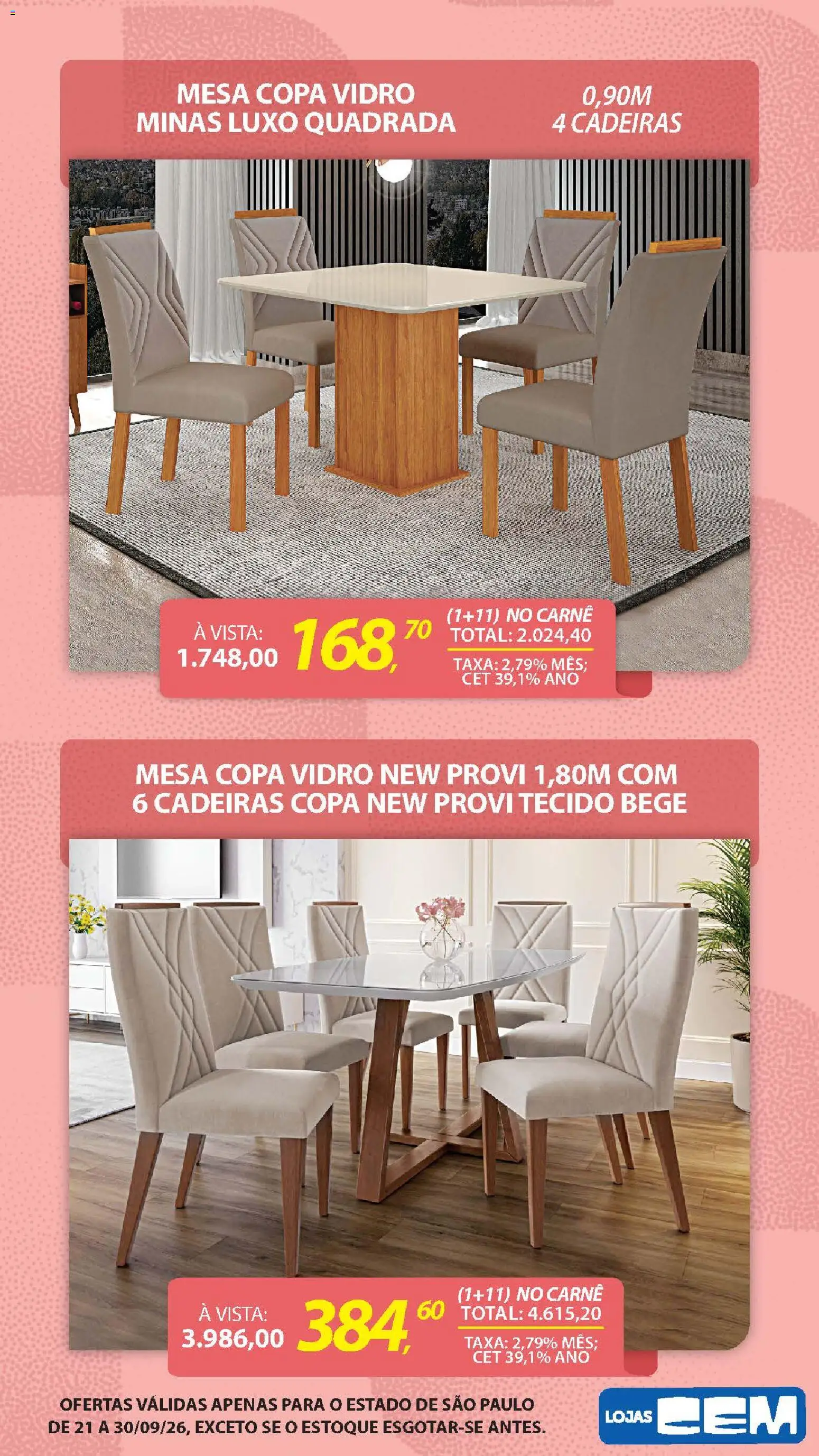 Lojas Cem Folheto - válido de 21/09/2026 | Página: 15 | Produtos: Cadeiras, Copa, Tecido, Carne