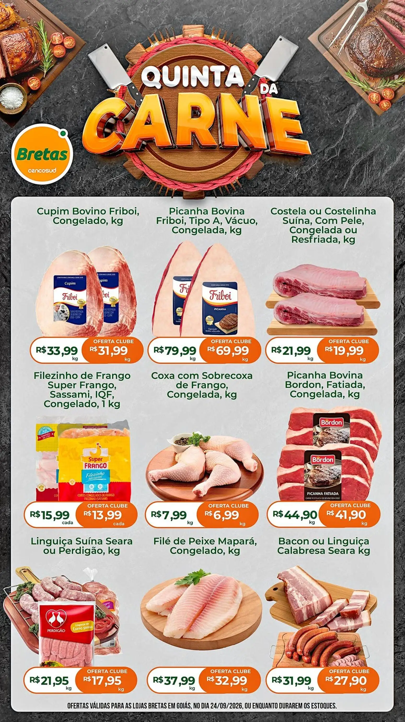 Bretas Folheto - válido de 24/09/2026 | Página: 1 | Produtos: Linguiça, Filé de peixe, Peixe, Bacon