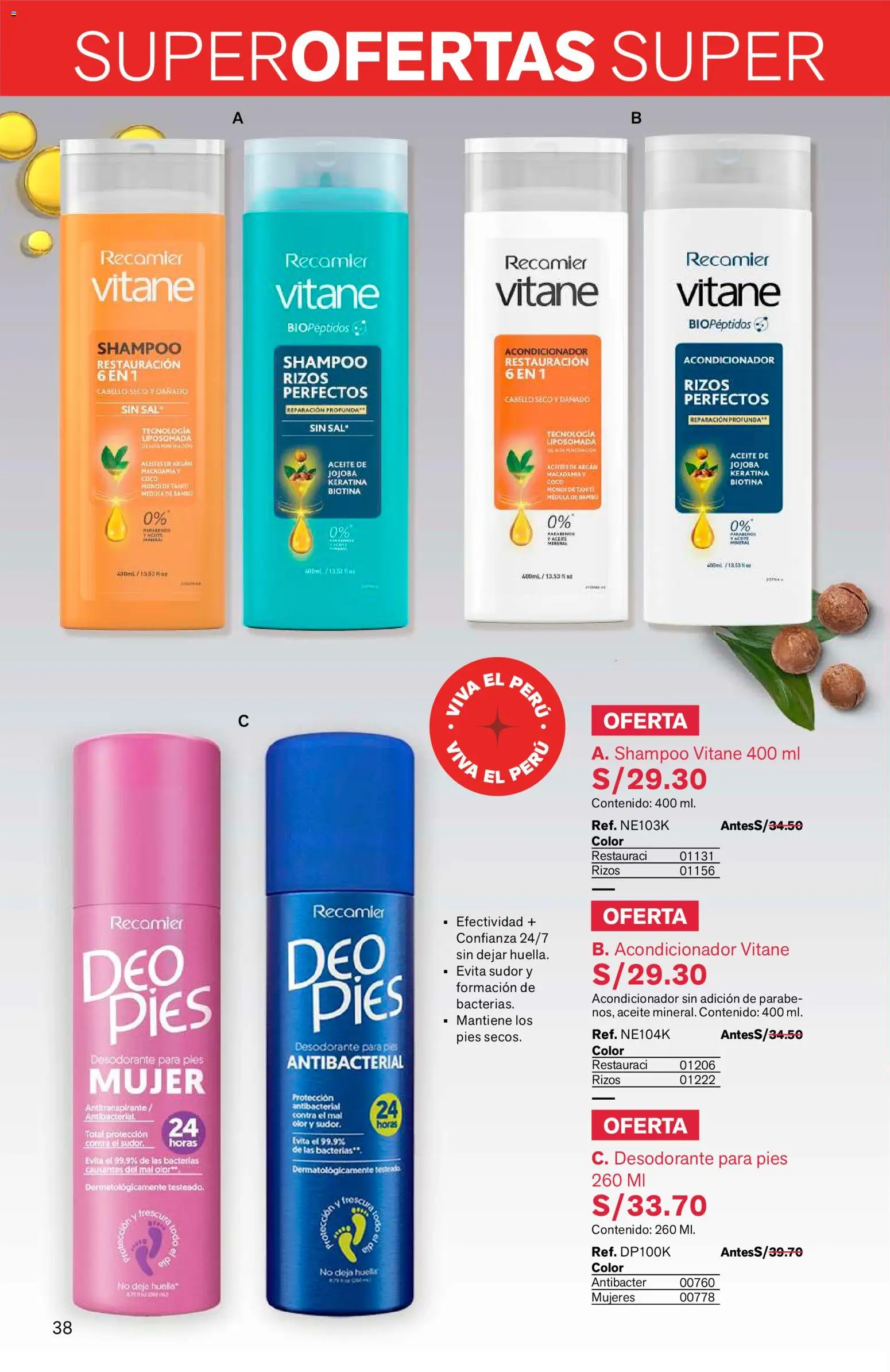 Catálogo Leonisa válido desde 04/08/2026 | Página: 38 | Productos: Shampoo, Acondicionador, Desodorante, Aceite