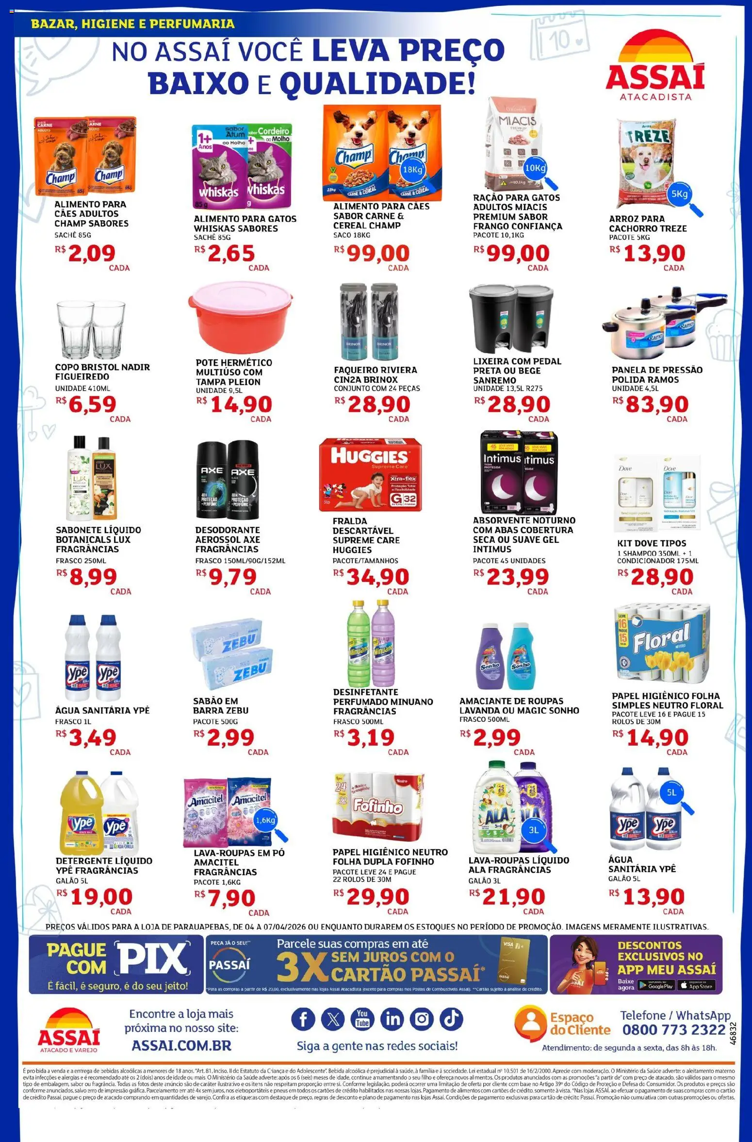Assaí Atacadista Folheto - válido de 04.05.2026 | Página: 4 | Produtos: Shampoo, Pó, Panela de pressão, Roupas