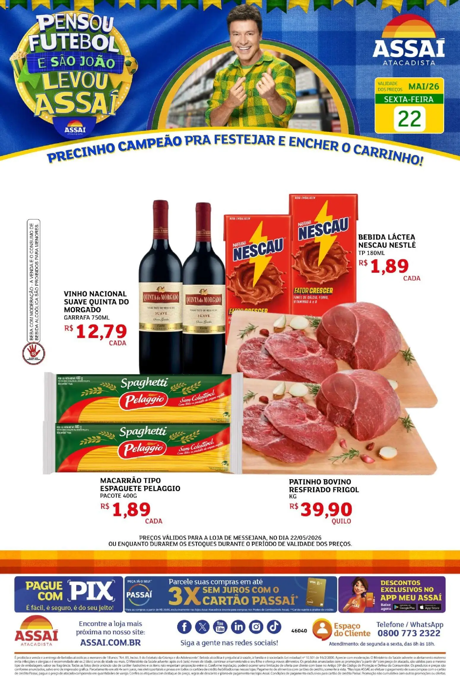 Assaí Atacadista Folheto - válido de 22.05.2026 | Página: 1 | Produtos: Vinho, Carrinho, Macarrão, Telefone