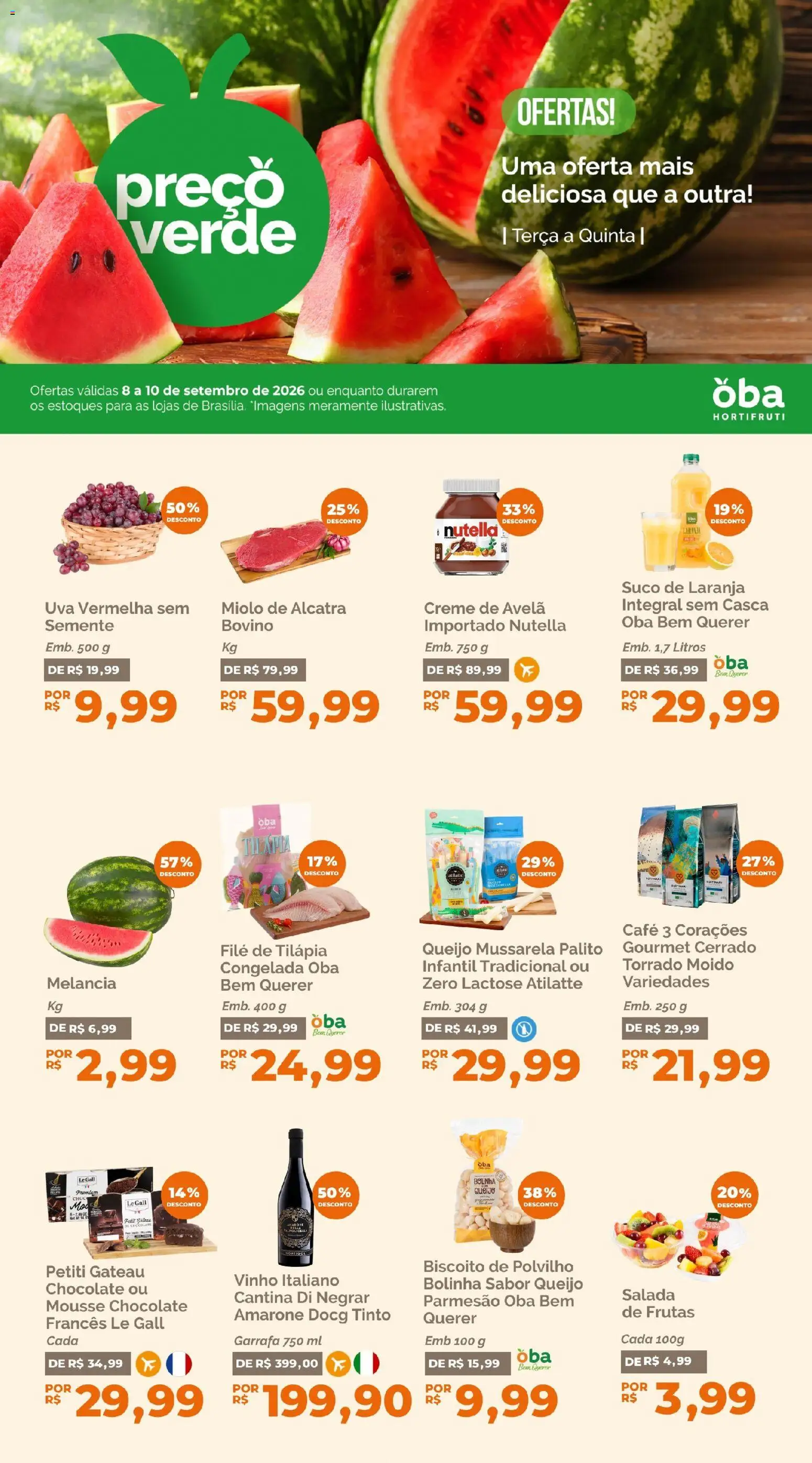 Oba Hortifruti Folheto - válido de 08/09/2026 | Página: 1 | Produtos: Uva, Vinho, Suco de laranja, Filé de tilápia