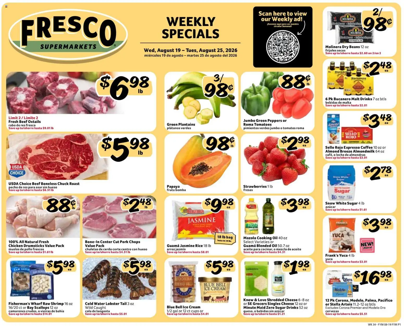 Fresco y Más Weekly Ad - valid from 08/19/2026 | Page: 1 | Products: Cheese, Coffee, Tomatoes, Sugar