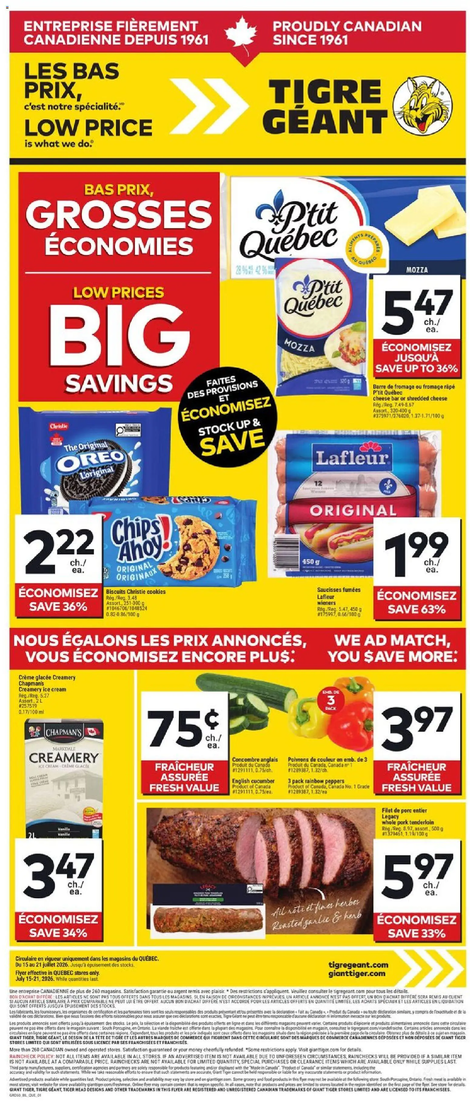 Giant Tiger flyer valid from Jul 15, 2026 | Page: 1 | Products: Chips, Food, Pork tenderloin, Cheese