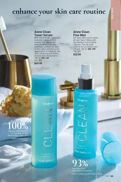 Preview of Anew Clean Toner Serum, With niacinamide, hyaluronic acid and raspberry fruit extract, this lightweight toner instantly hydrates and helps smooth the look of skin while enhancing the appearance of radiance. Use after cleansing and before serums and moisturizers. 100 ml 286-128 from shop Avon valid from 07.05.2026 | Page: 65 | Products: Toner