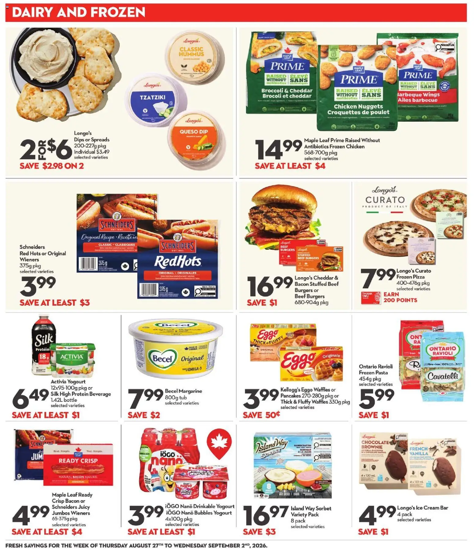 Longo's flyer valid from Aug 27, 2026 | Page: 11 | Products: Ice cream, Frozen chicken, Margarine, Ice
