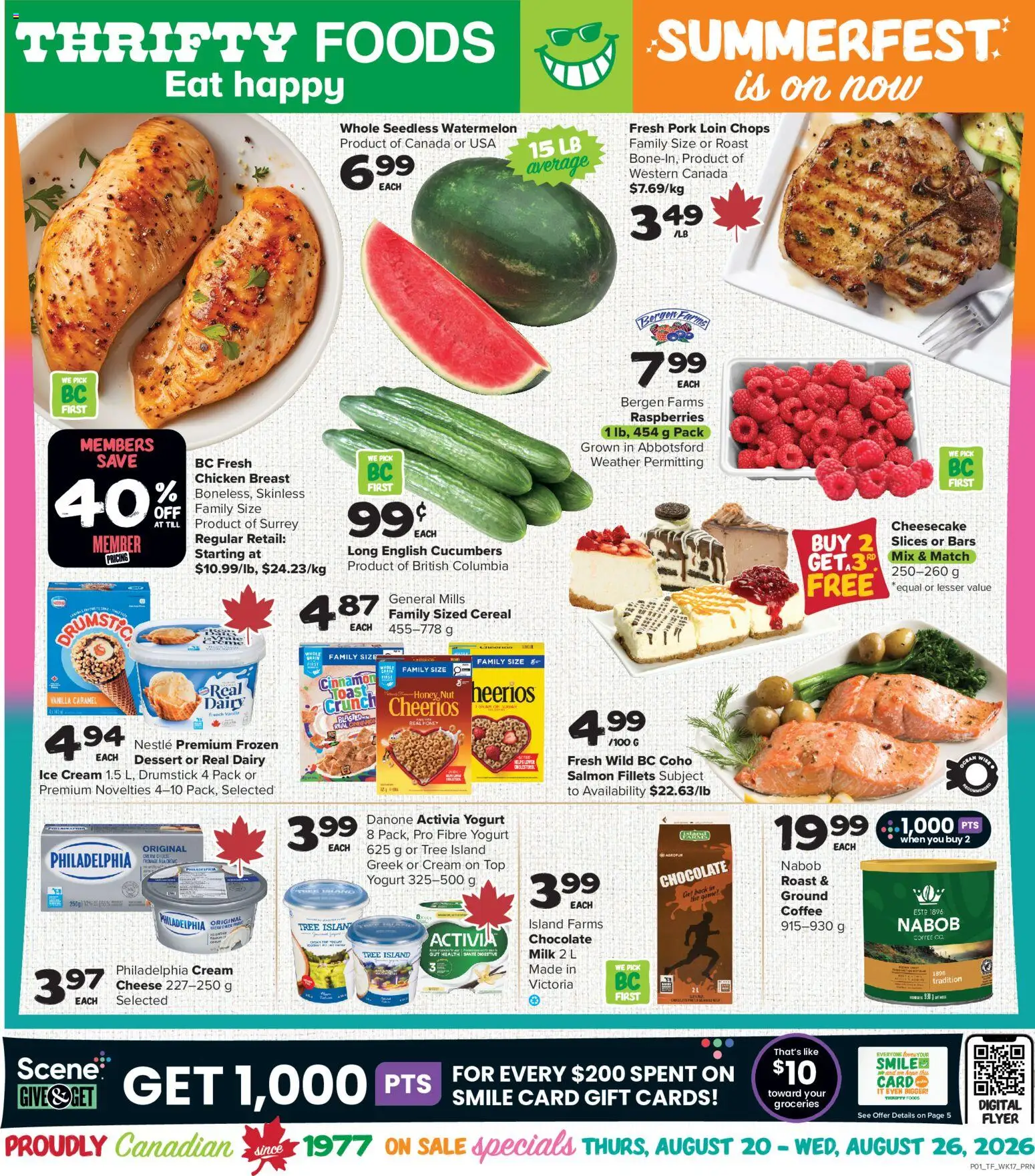 Thrifty Foods flyer valid from Aug 20, 2026 | Page: 1 | Products: Raspberries, Chicken breast, Yogurt, Chocolate