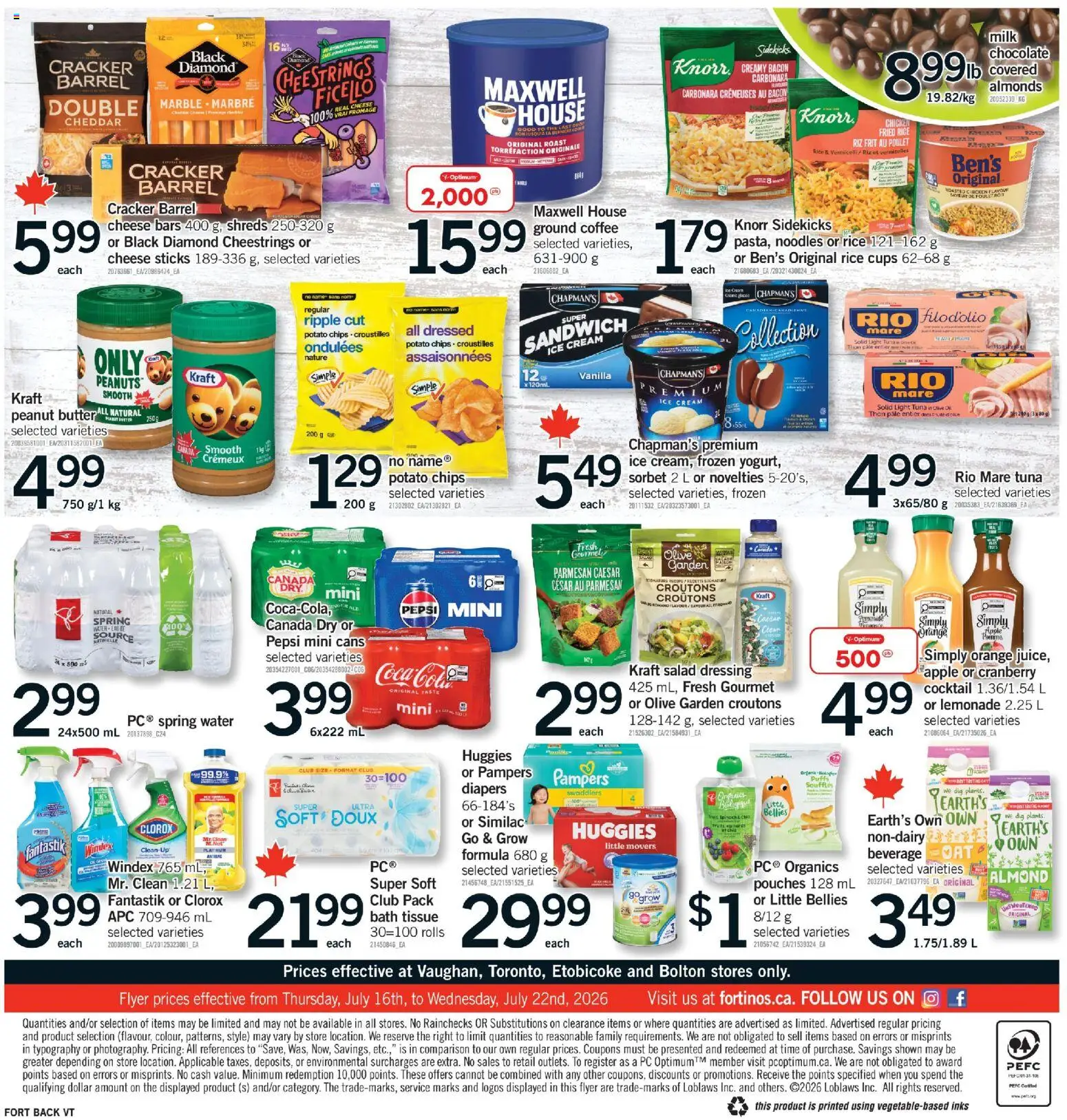 Fortinos flyer valid from Jul 16, 2026 | Page: 2 | Products: Salad, Bacon, Water, Chocolate