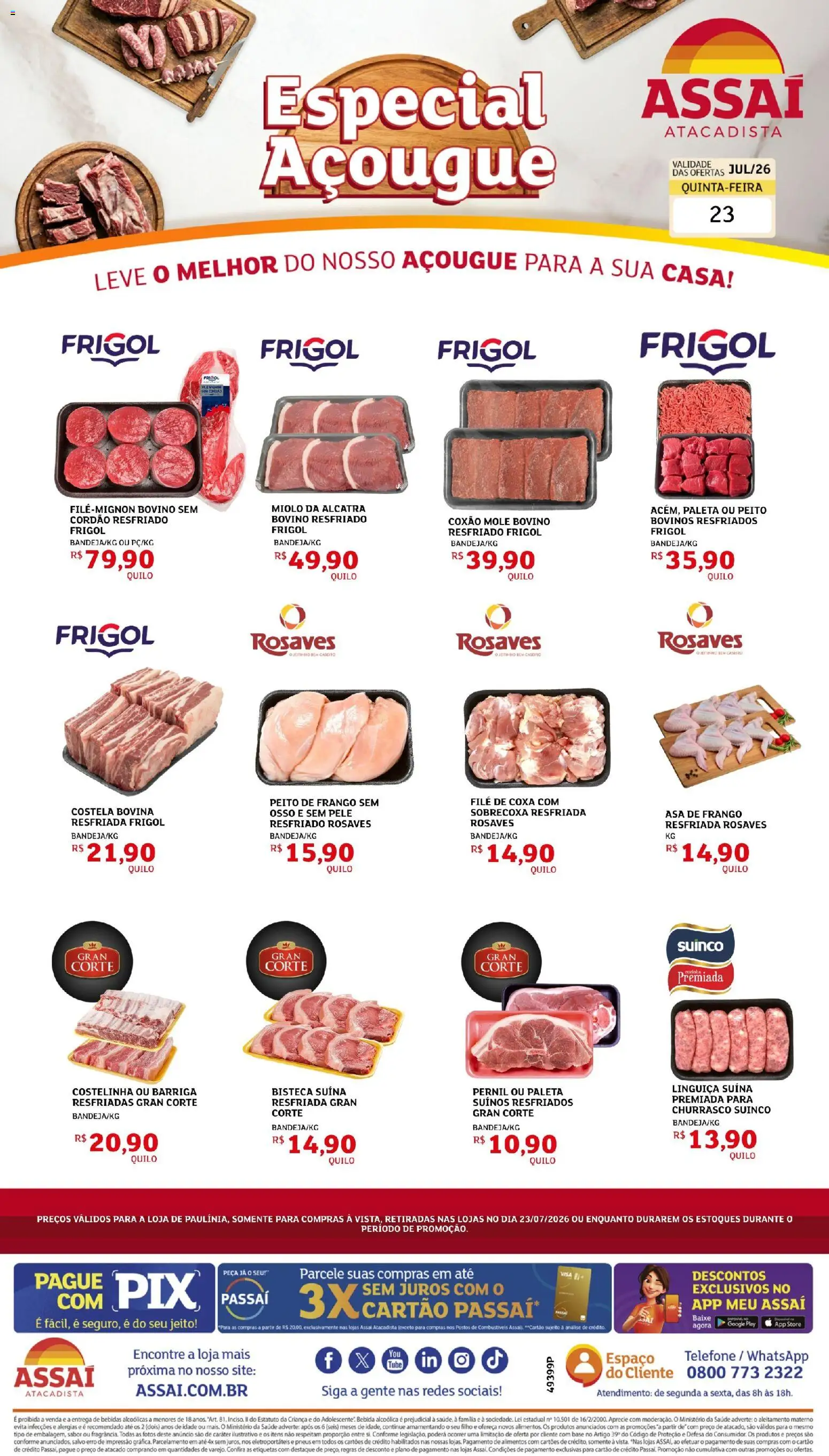 Assaí Atacadista Folheto - válido de 23/07/2026 | Página: 1 | Produtos: Linguiça, Alcatra, Pernil, Peito de frango