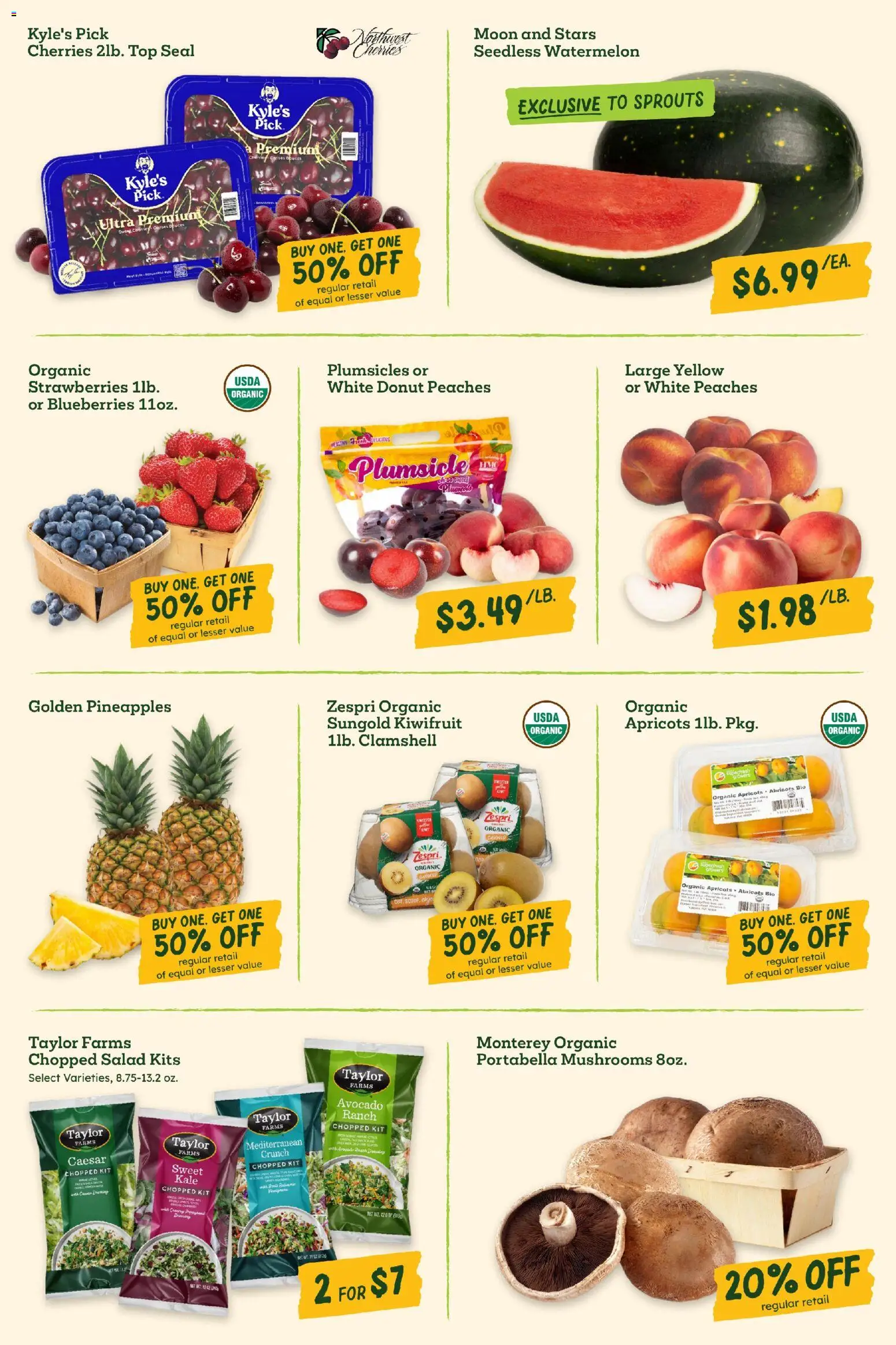 Sprouts Weekly Ad - valid from 07/08/2026 | Page: 6 | Products: Peaches, Apricots, Mushrooms, Blueberries