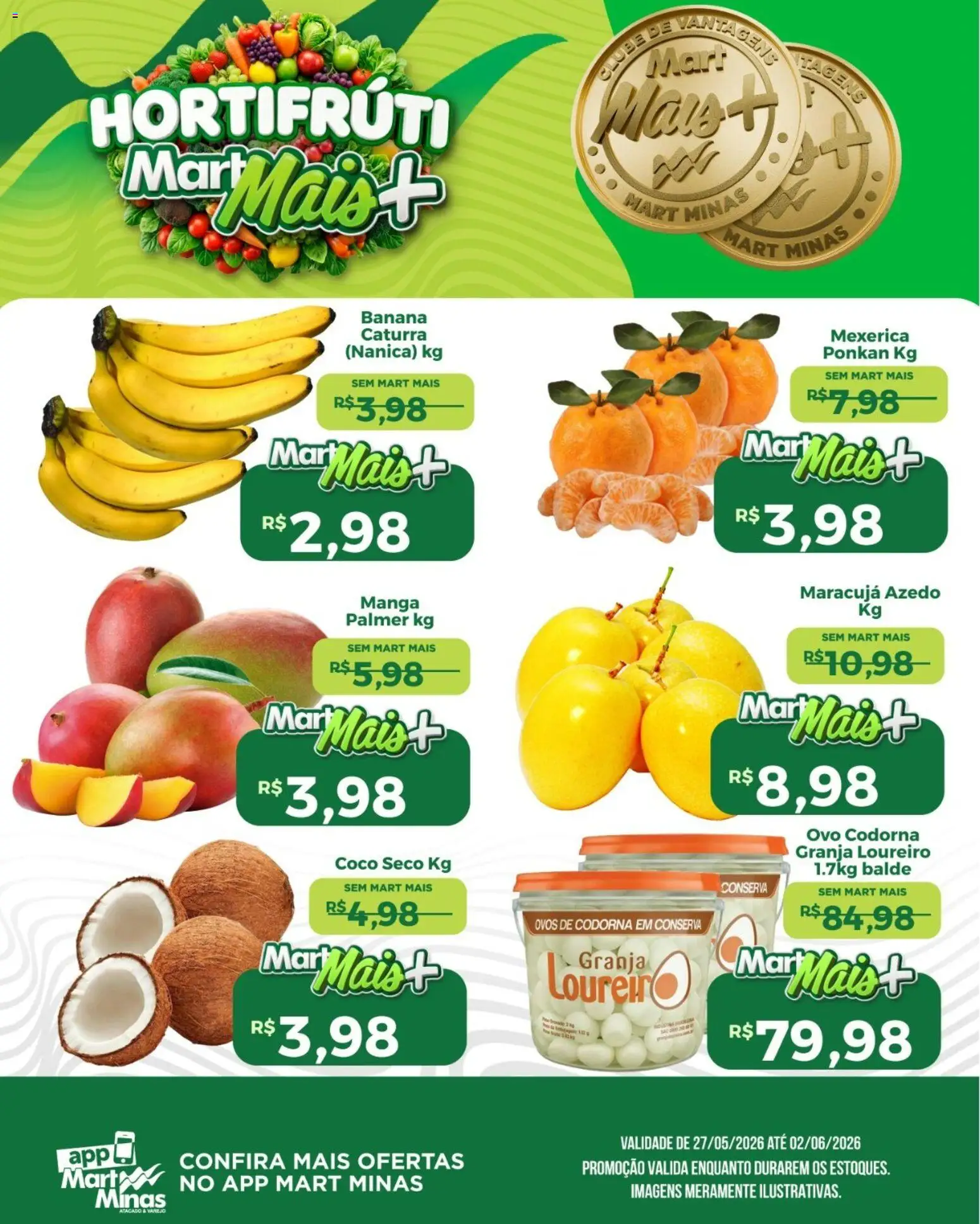 Mart Minas Folheto - válido de 27.05.2026 | Página: 1 | Produtos: Coco, Mexerica, Ovos de codorna, Balde