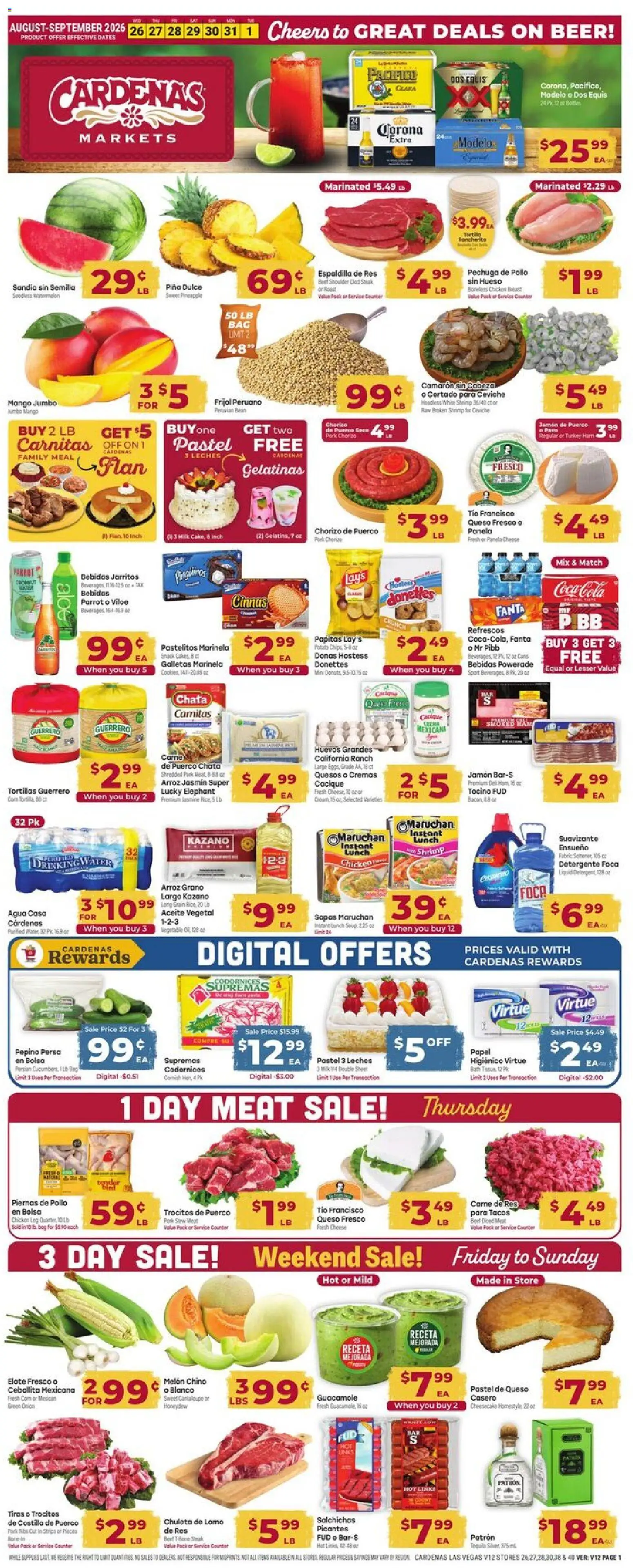 Cardenas Weekly Ad - valid from 08/26/2026 | Page: 1 | Products: Pork ribs, Shrimp, Guacamole, Pork