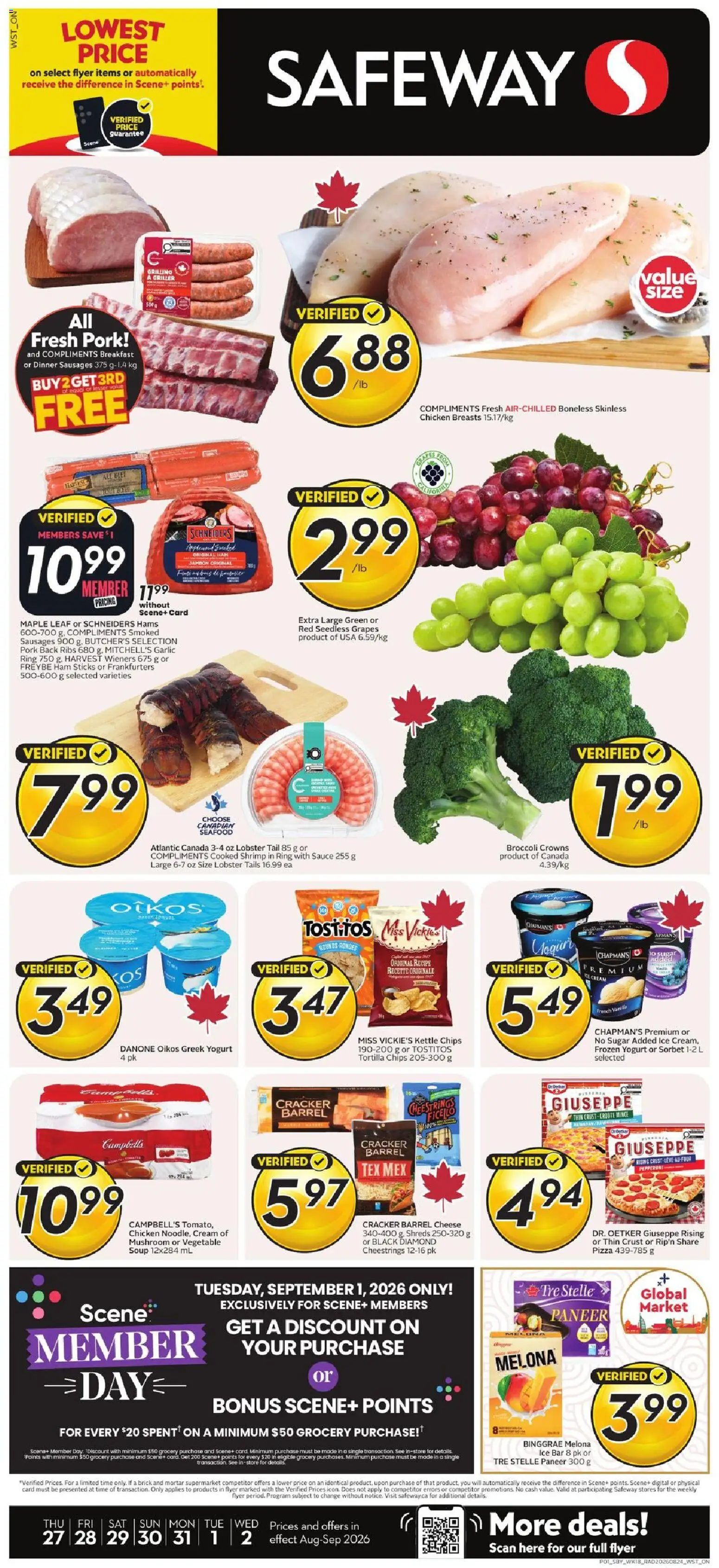 Safeway flyer valid from Aug 27, 2026 | Page: 1 | Products: Cream, Cheese, Yogurt, Chicken