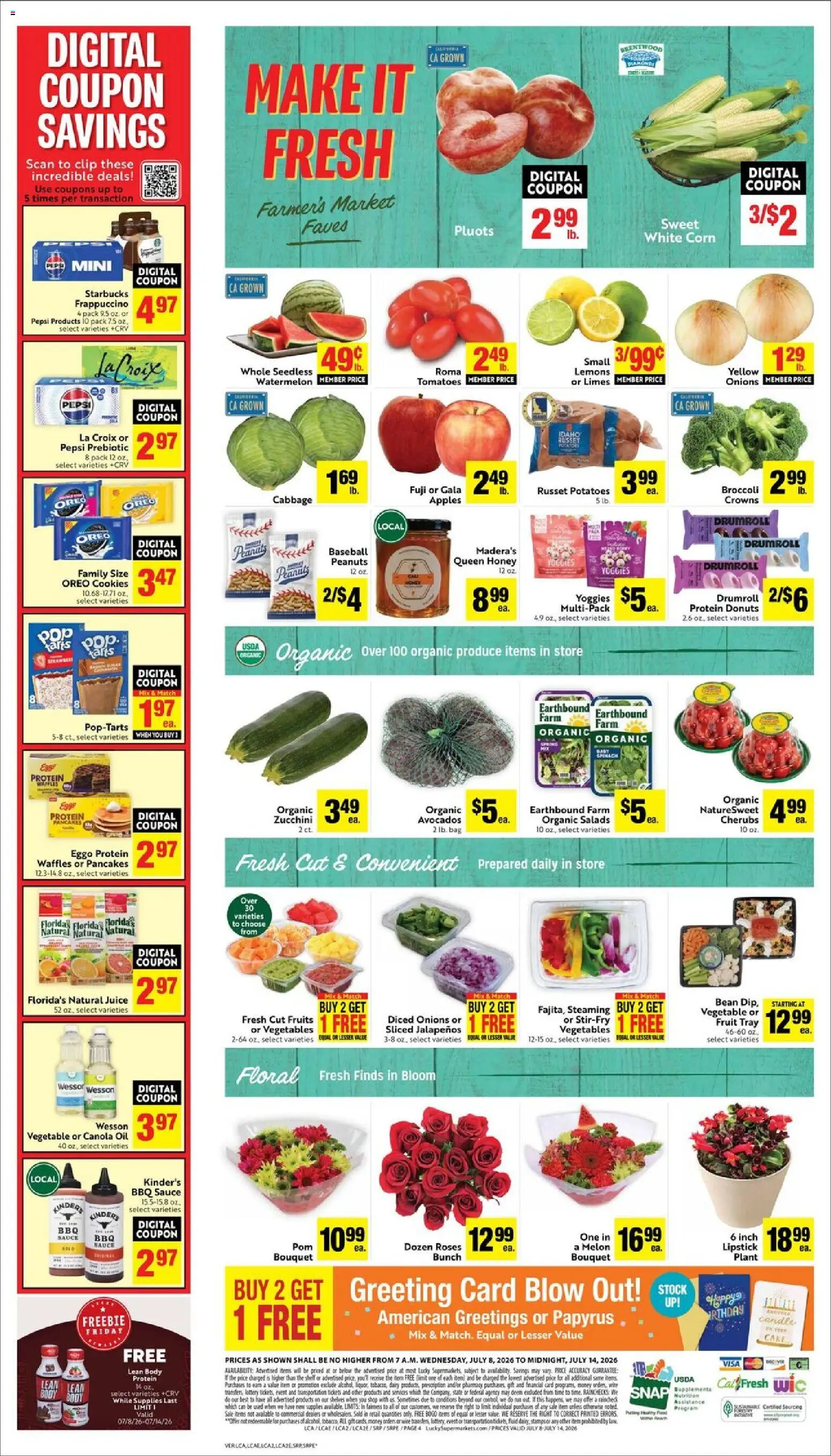 Lucky Supermarkets Weekly Ad - valid from 07/08/2026 | Page: 4 | Products: Crowns, Potatoes, Fruits, Melon