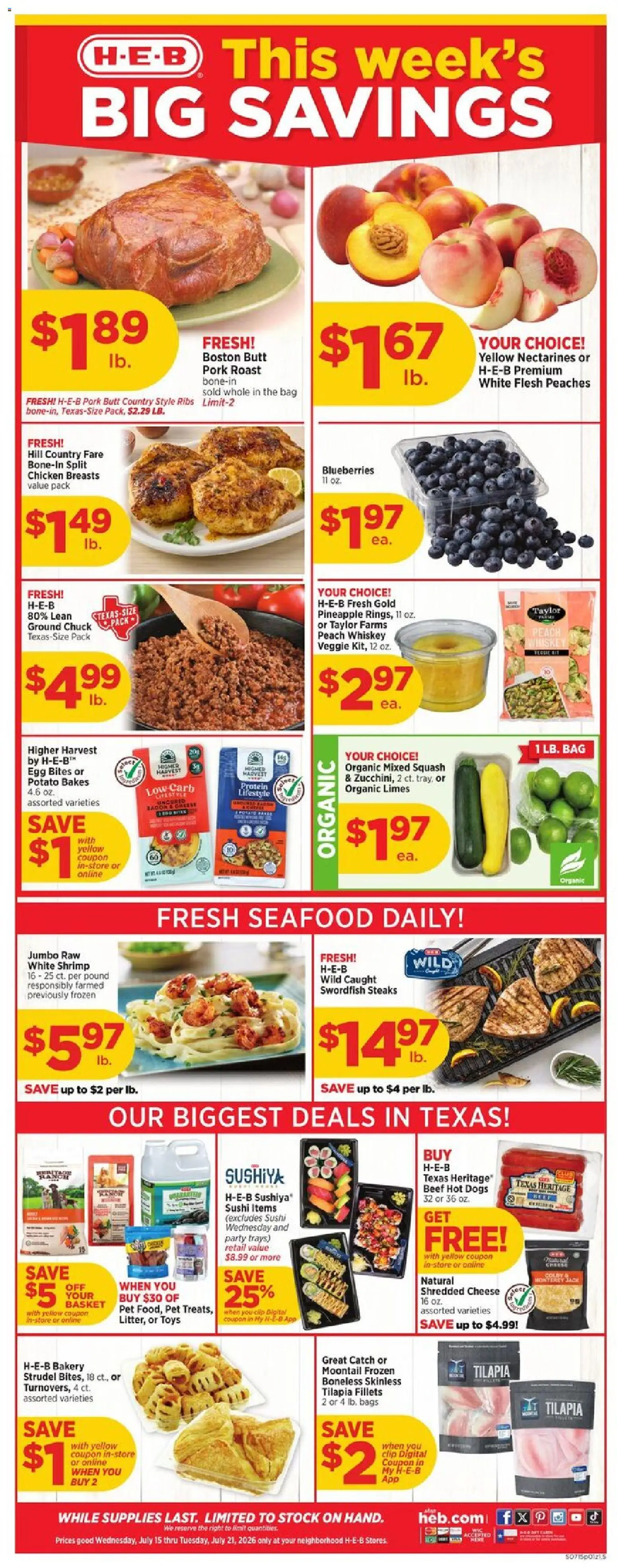 H-E-B Weekly Ad - valid from 07/15/2026 | Page: 1 | Products: Squash, Cheese, Whiskey, Blueberries