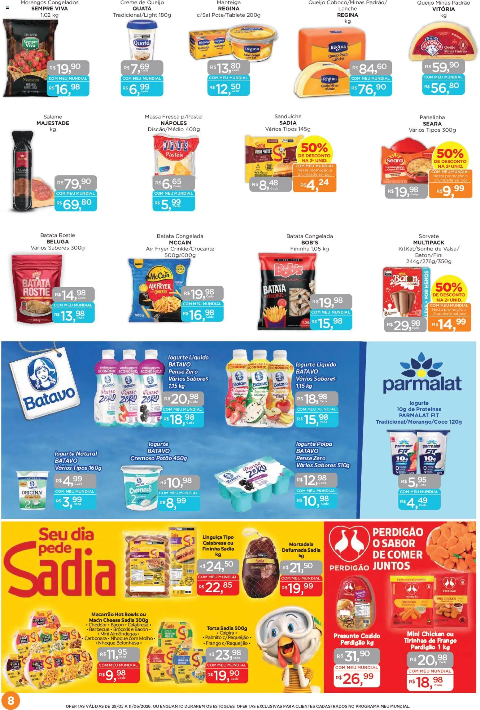 Mundial Folheto - válido de 29.05.2026 | Página: 8 | Produtos: Mortadela, Macarrão, Creme, Frango