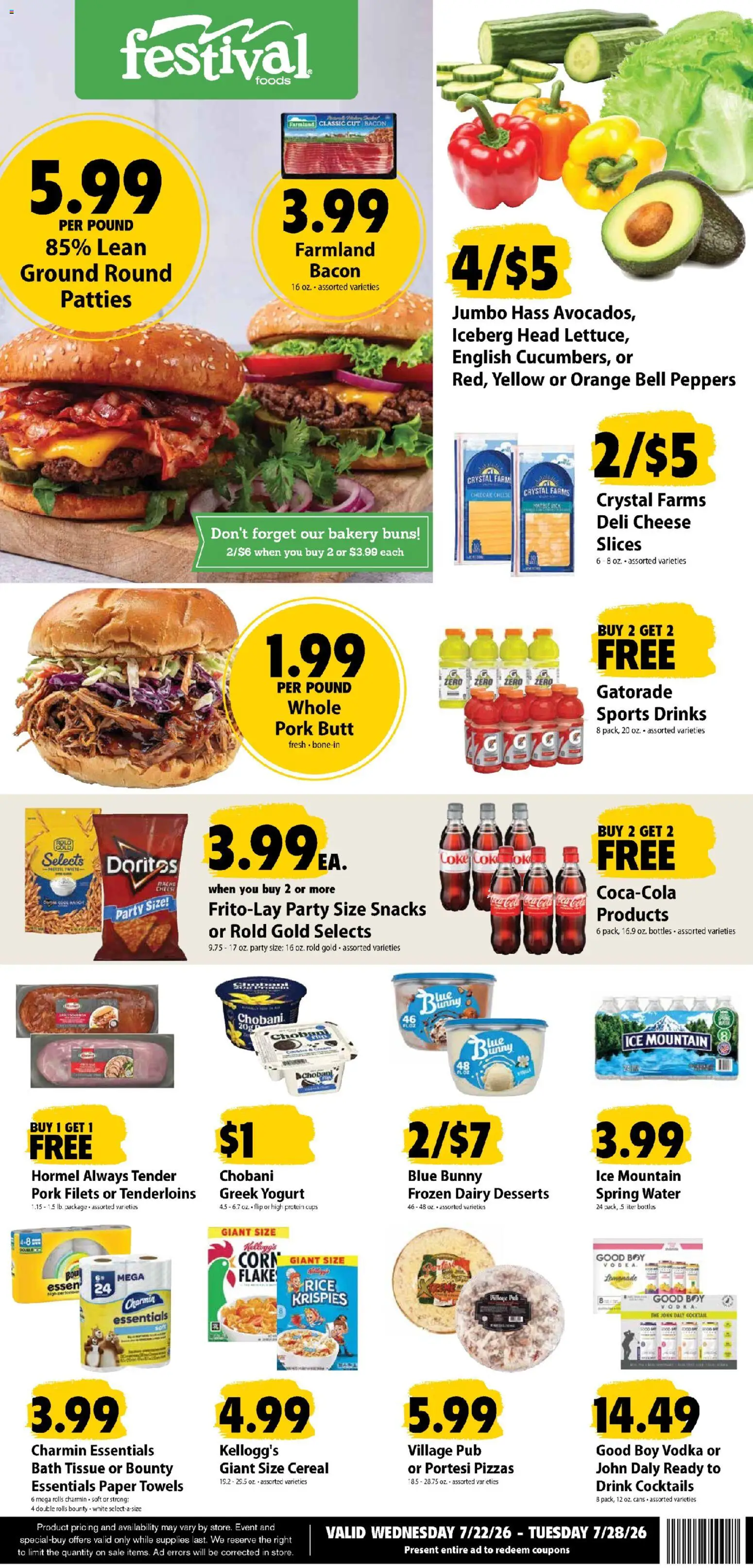 Festival Foods Weekly Ad - valid from 07/22/2026 | Page: 1 | Products: Bakery, Peppers, Cheese, Water