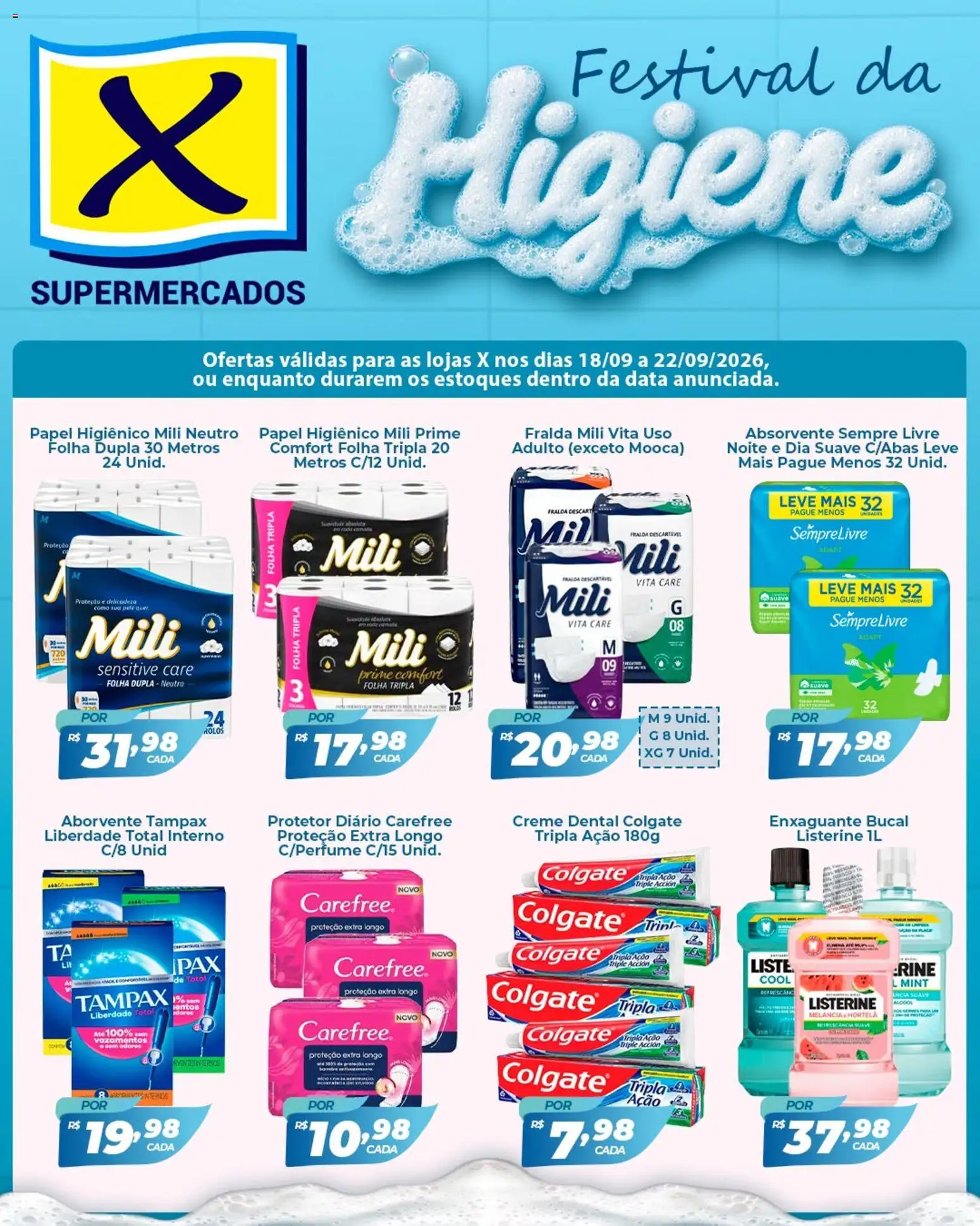 X Supermercados Folheto - válido de 18/09/2026 | Página: 1 | Produtos: Hortelã, Enxaguante bucal, Creme, Absorvente