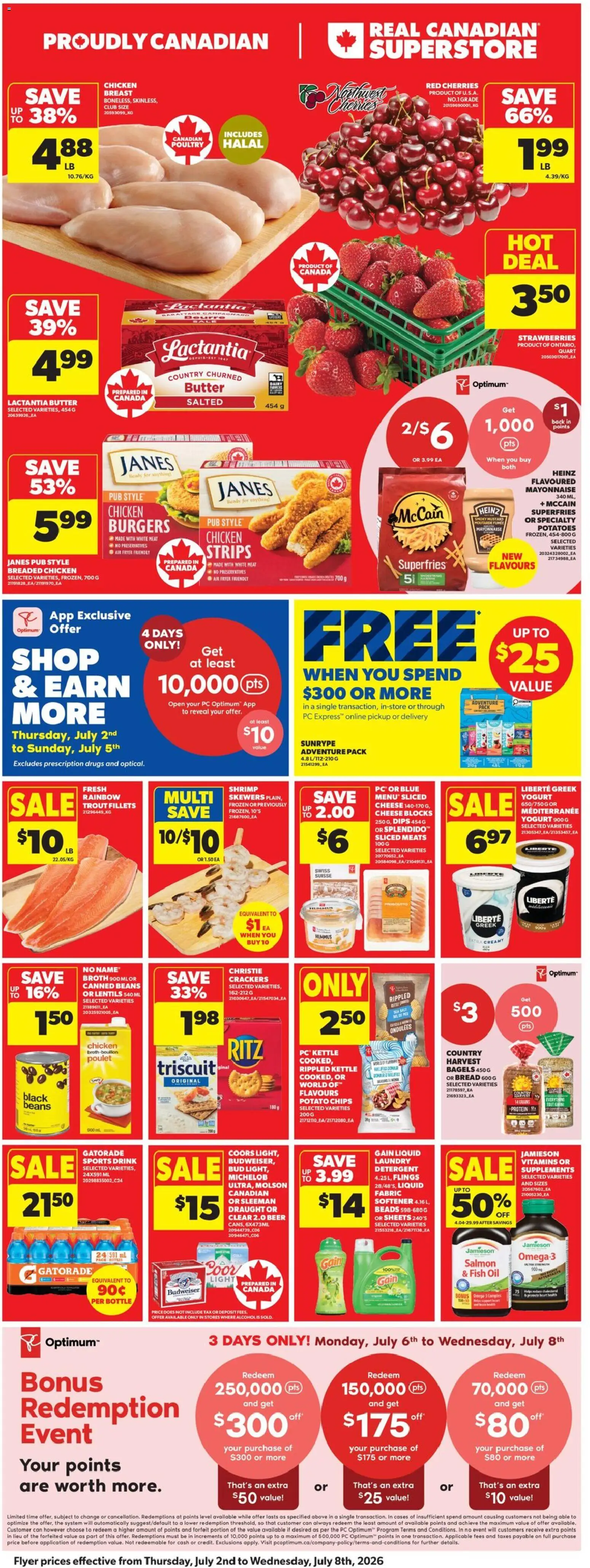 Real Canadian Superstore flyer valid from Jul 2, 2026 | Page: 3 | Products: Strawberries, Butter, Cheese, Yogurt