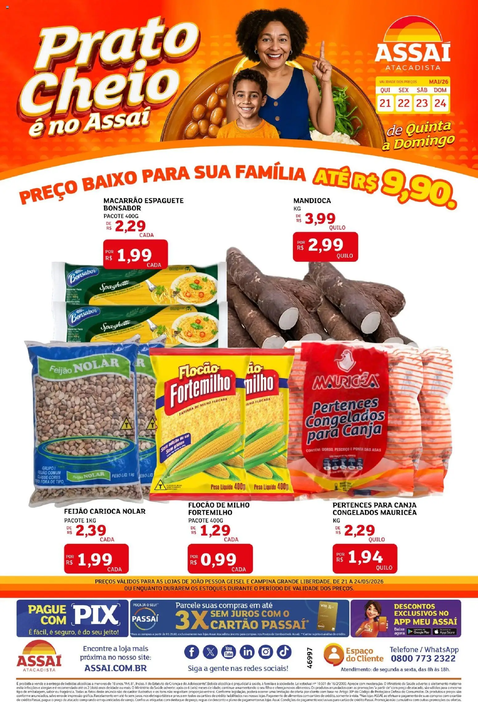 Assaí Atacadista Folheto - válido de 22.05.2026 | Página: 1 | Produtos: Feijão, Mandioca, Baixo, Telefone