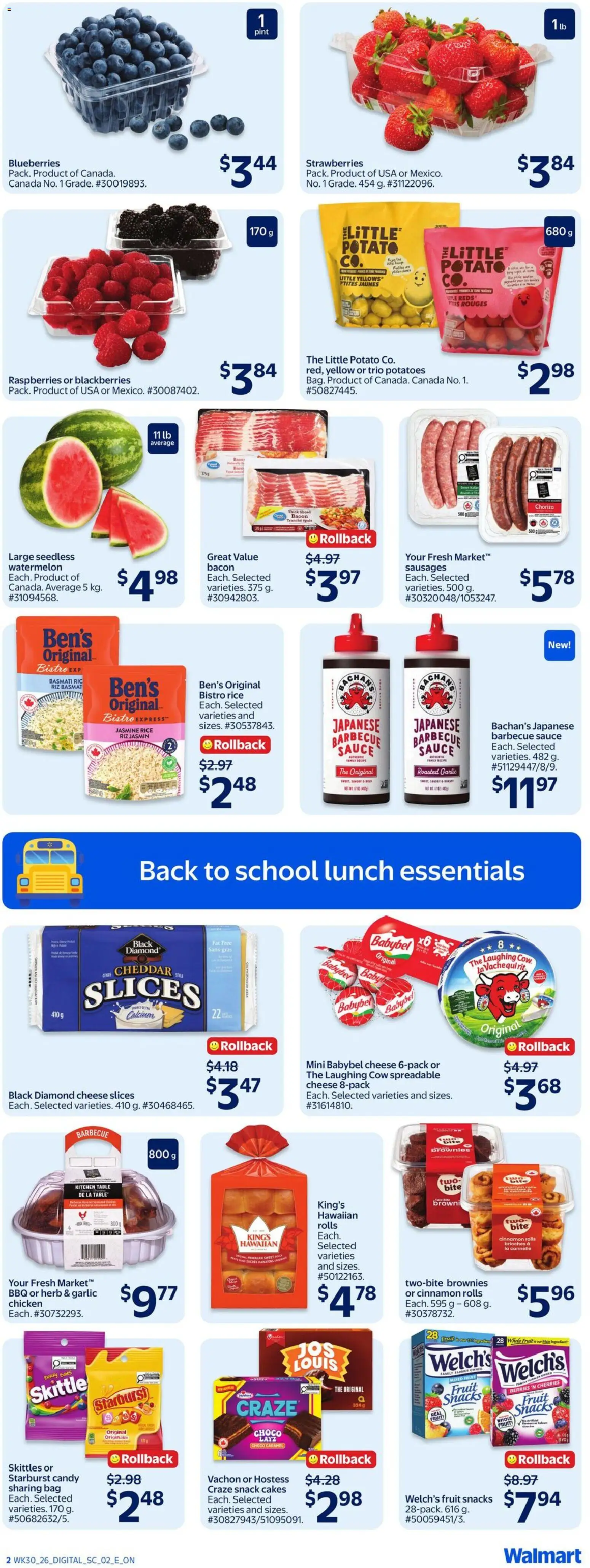 Walmart flyer valid from Aug 20, 2026 | Page: 3 | Products: Potatoes, Raspberries, Cheddar, Seedless watermelon