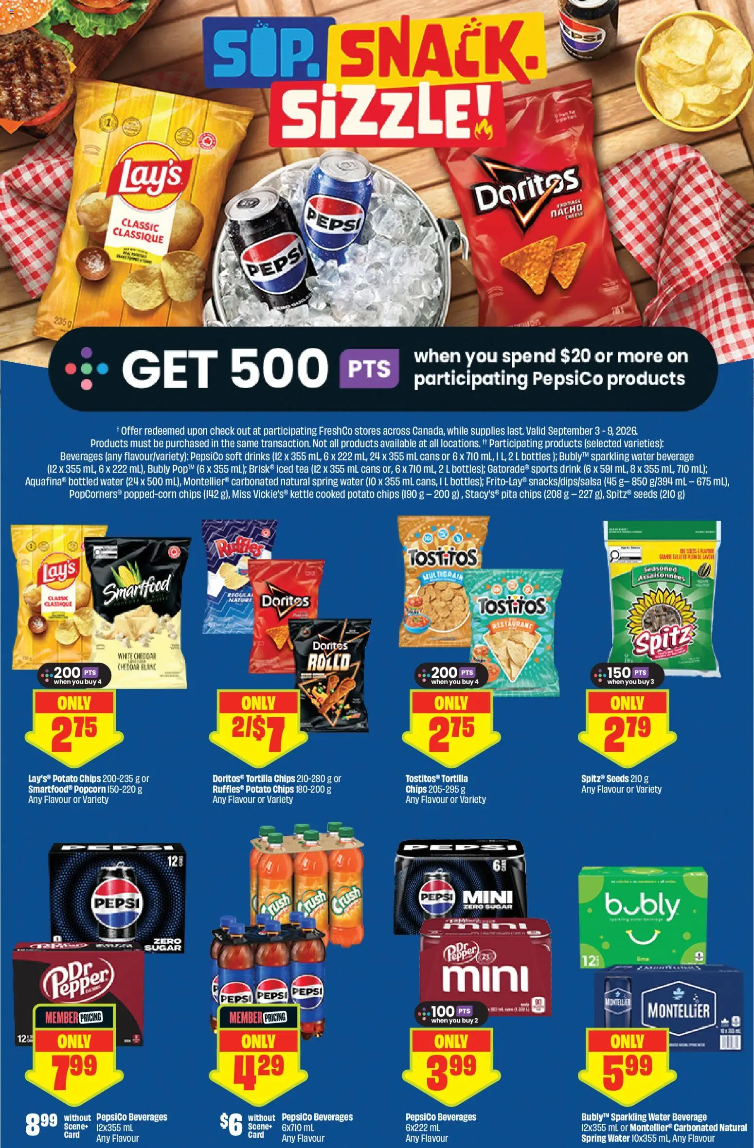 FreshCo flyer valid from Sep 3, 2026 | Page: 9 | Products: Chips, Iced tea, Sports drink, Spring water