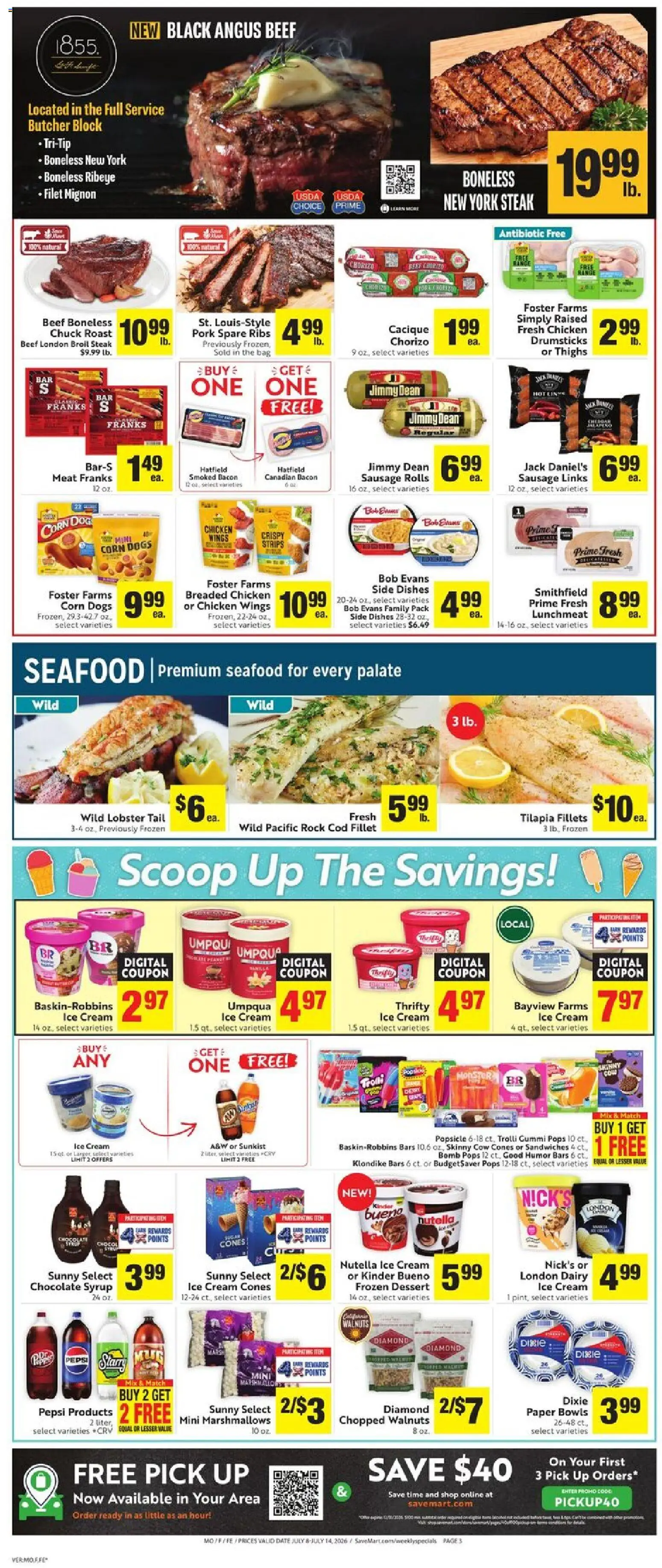 Save Mart Weekly - valid from 07/08/2026 | Page: 3 | Products: Chocolate, Pork, Sausage, Date