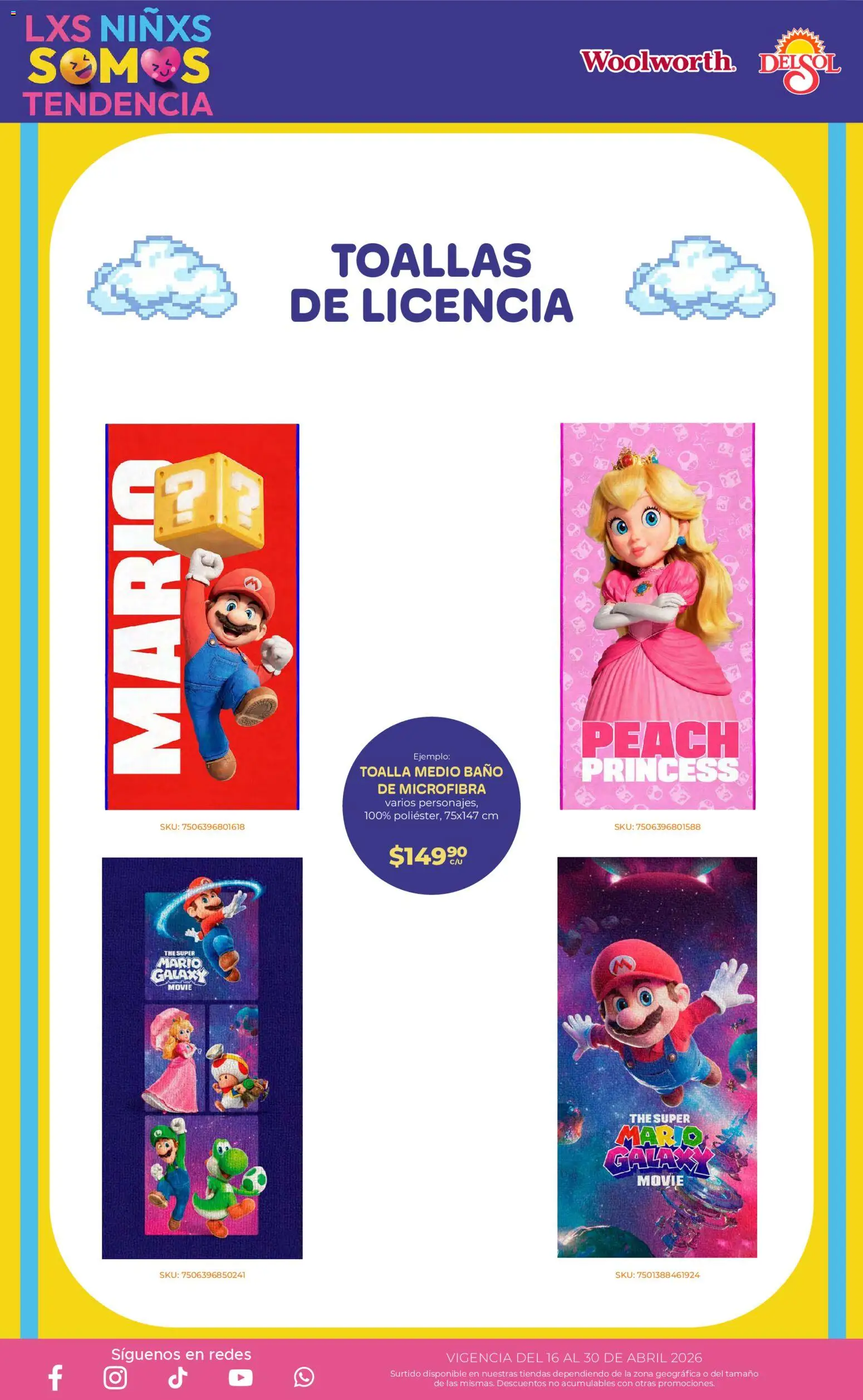 Nuevas ofertas de Del Sol y Woolworth válidas en toda la República Mexicana desde el 16.04.2026. ¡Encuentra las mejores ofertas en Del Sol y Woolworth katalog Día del Niño 2026! | Página: 7 | Productos: Toalla, Toallas, Baño