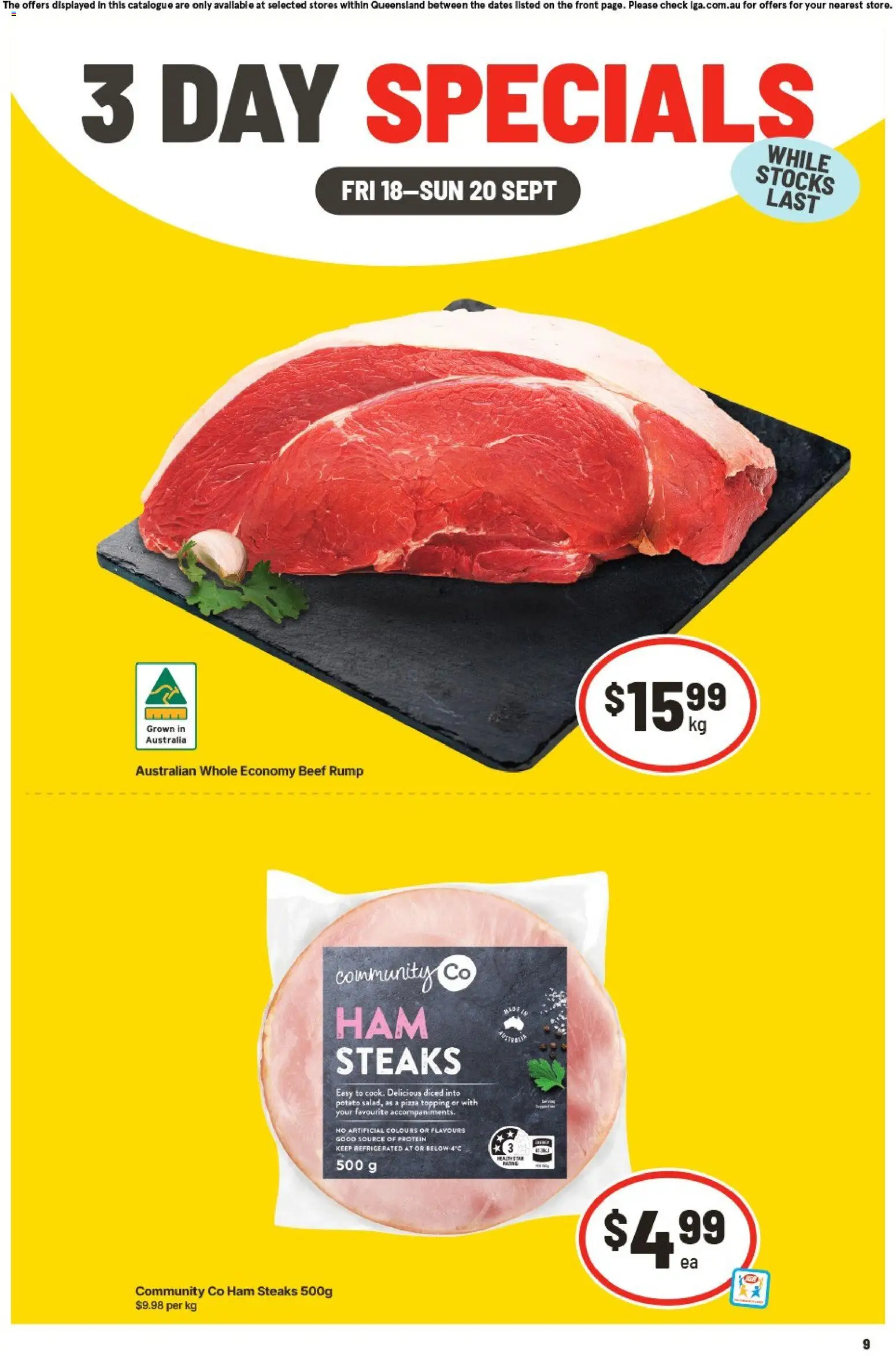 IGA catalogue - valid from 18/09/2026 | Page: 1 | Products: Protein, Ham, Pizza, Beef