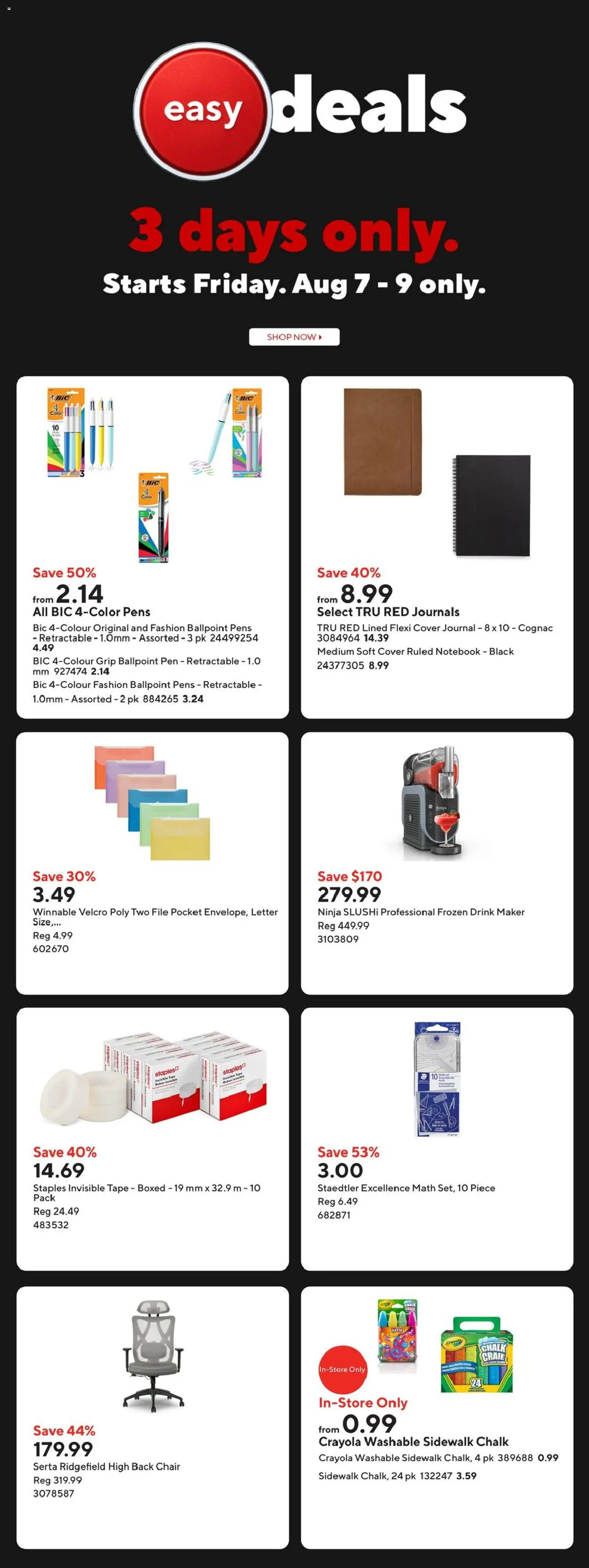 Staples flyer valid from Aug 7, 2026 | Page: 2 | Products: Cognac, Notebook, Chair