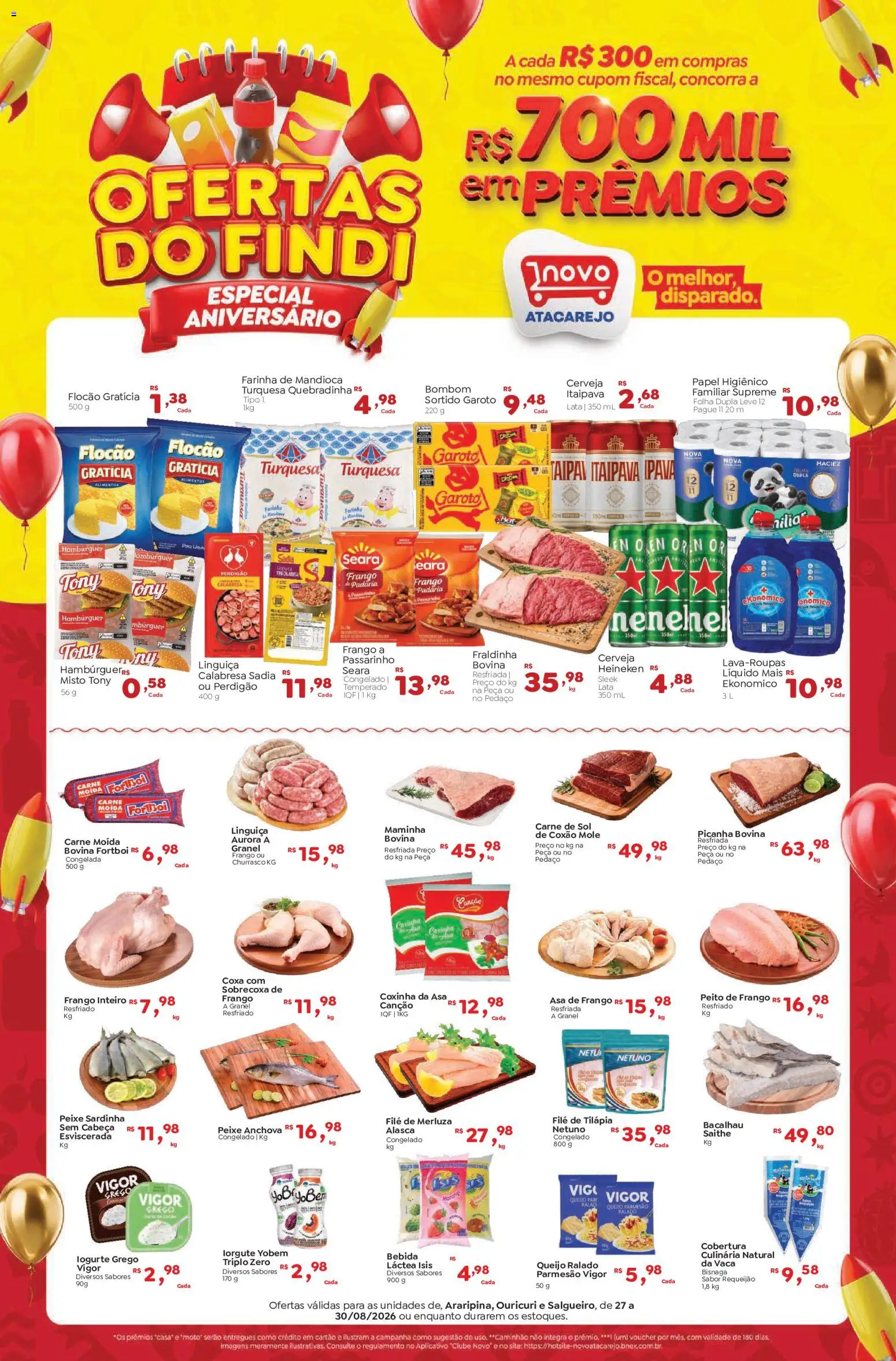 Novo Atacarejo Folheto - válido de 27/08/2026 | Página: 1 | Produtos: Farinha, Parmesão, Hambúrguer, Frango