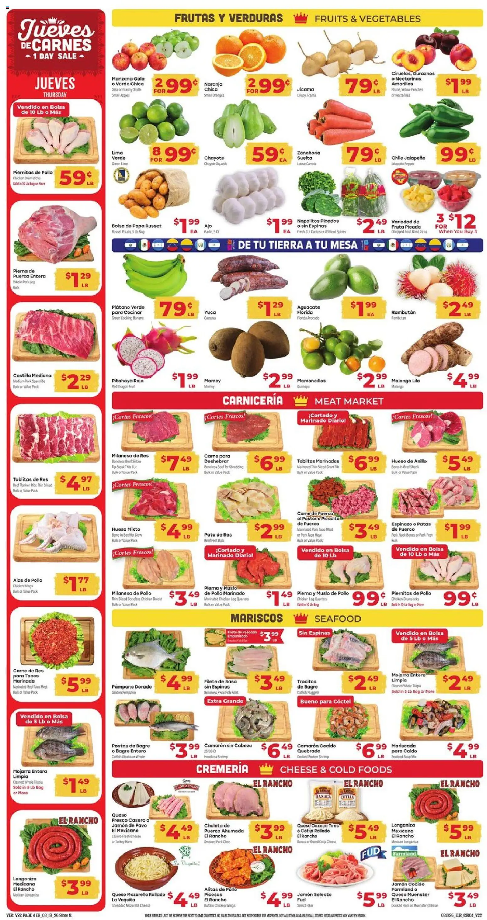 El Rancho Weekly Ad - valid from 08/19/2026 | Page: 4 | Products: Peaches, Shrimp, Cheese, Beef sirloin