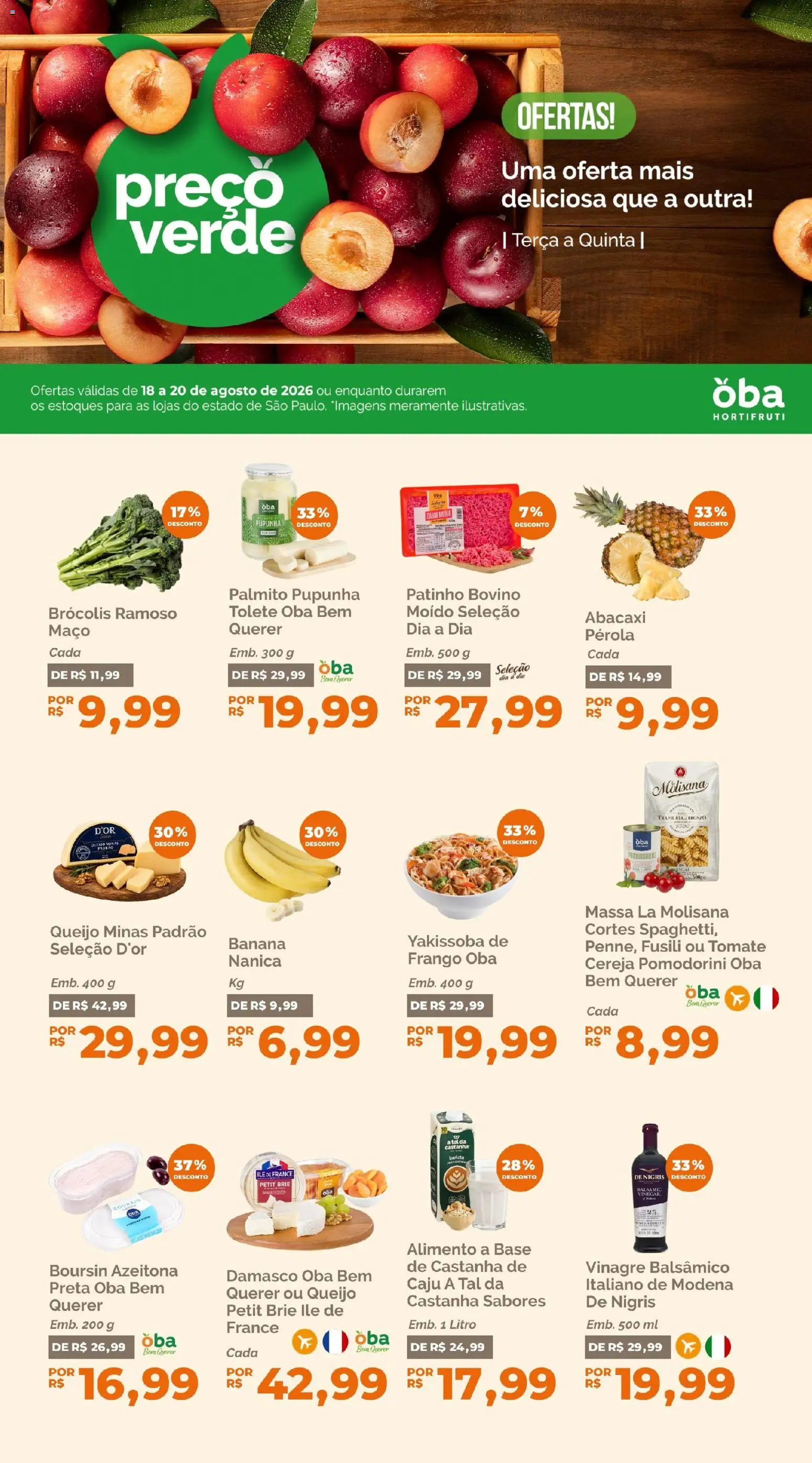 Oba Hortifruti Folheto - válido de 18/08/2026 | Página: 1 | Produtos: Damasco, Fusili, Palmito, Massa