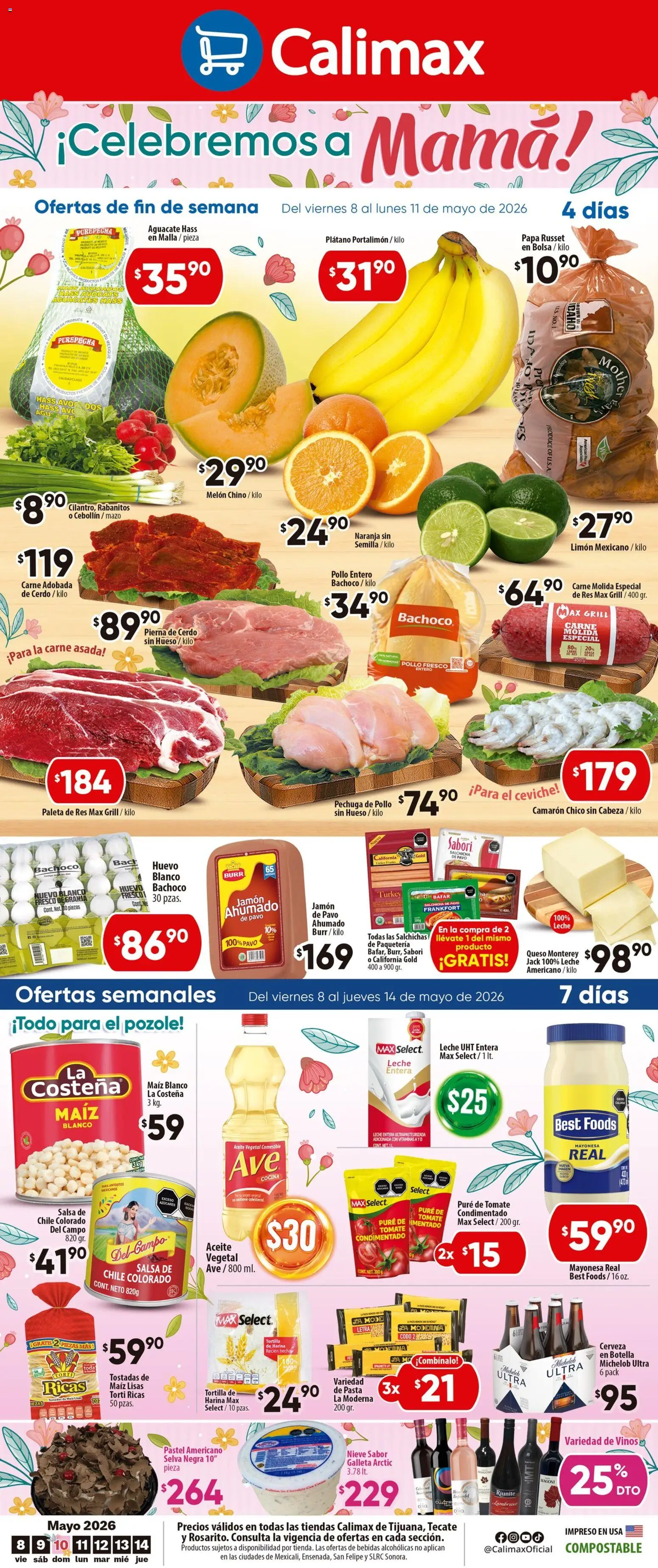 Nuevas ofertas de Calimax válidas en toda la República Mexicana desde el 08.05.2026. ¡Encuentra las mejores ofertas en Calimax folleto Tecate! | Página: 1 | Productos: Maíz, Limón, Leche, Pasta
