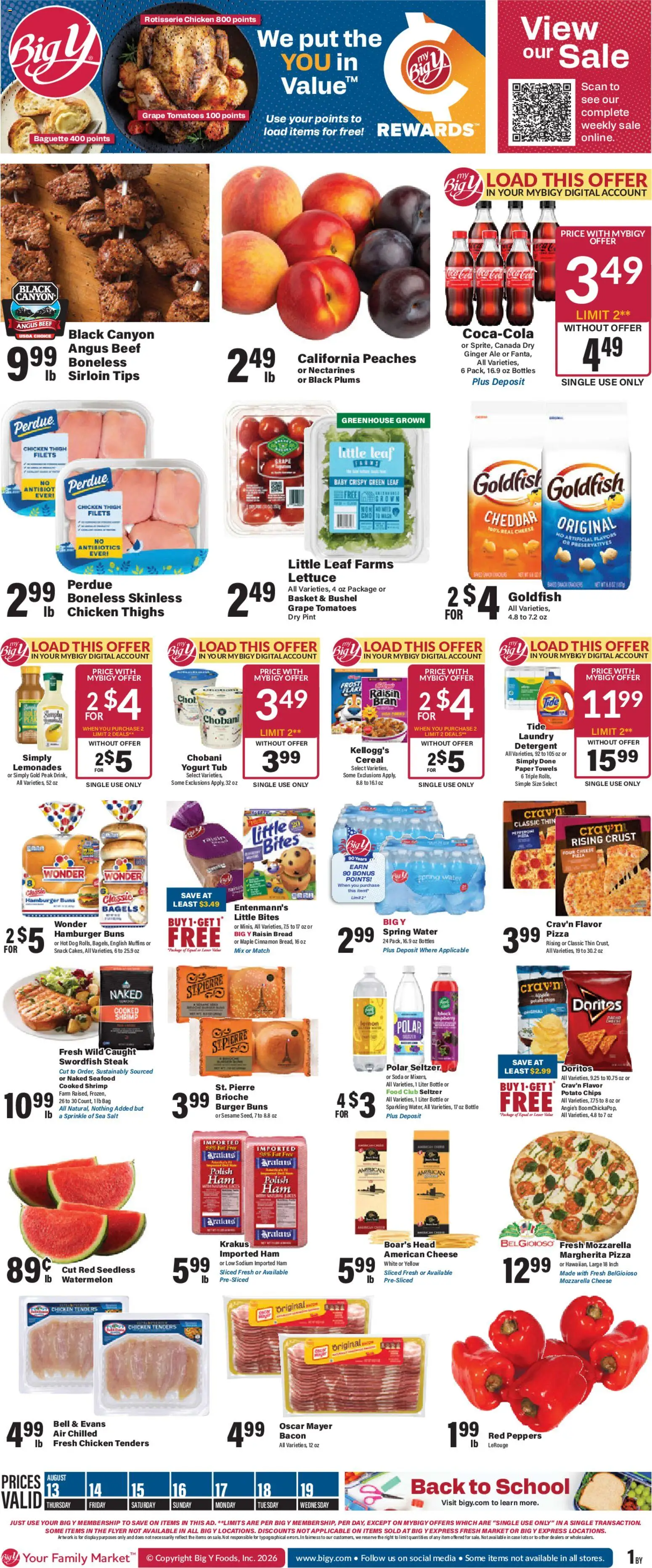 Big Y Weekly Ad - valid from 08/13/2026 | Page: 1 | Products: Ginger, Water, Baguette, Bag
