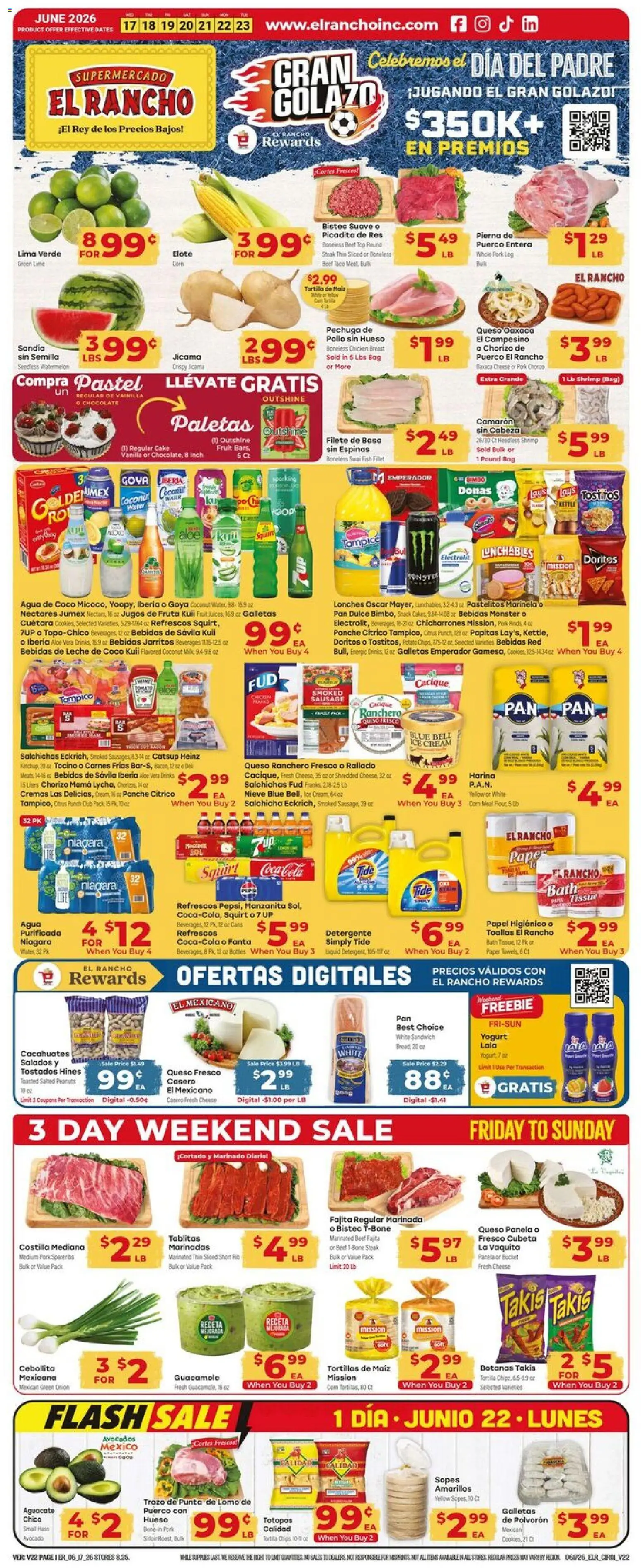 El Rancho Weekly Ad - valid from 17.06.2026 | Page: 1 | Products: Chocolate, Pork, Sausage, Lime