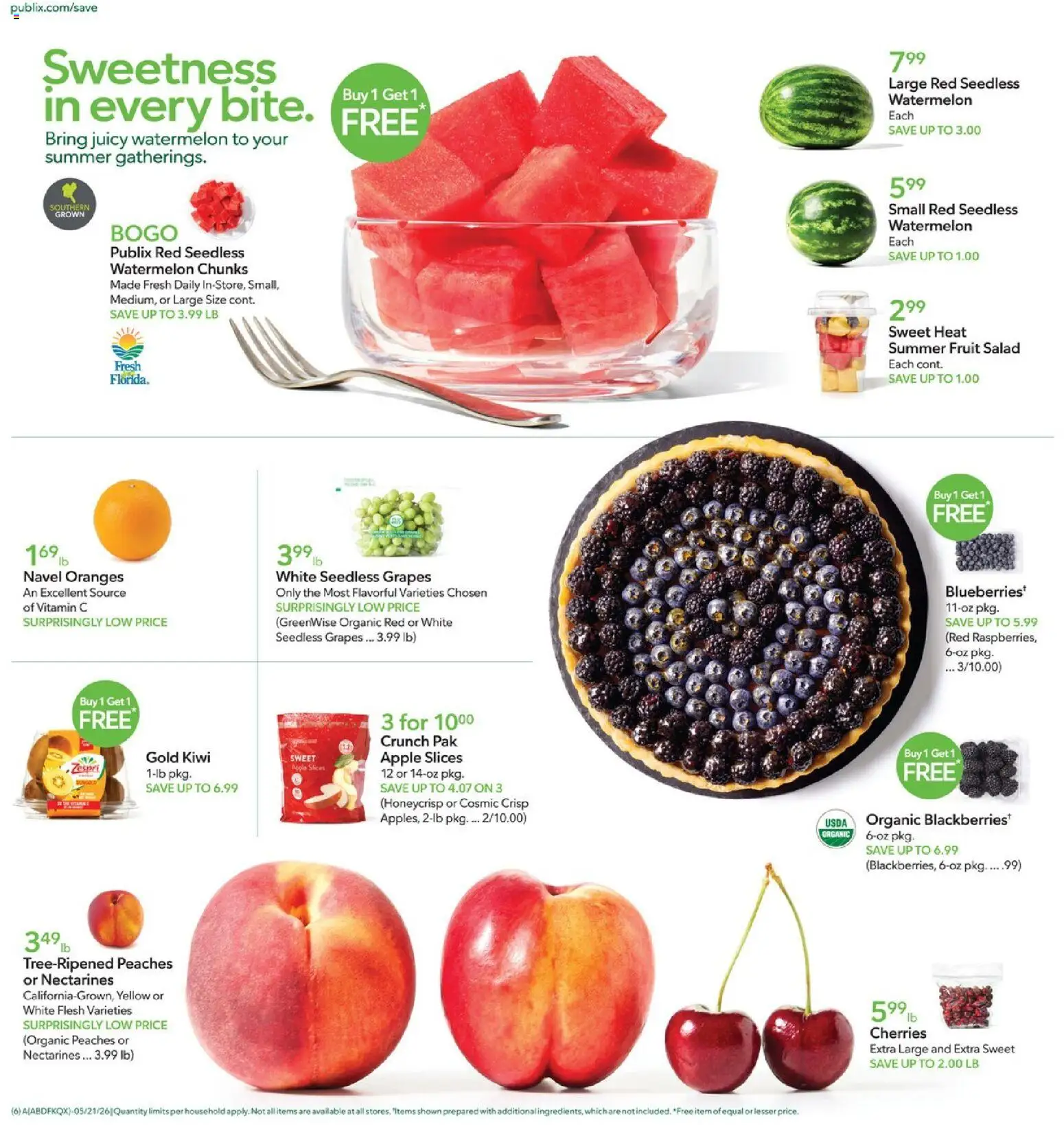 Publix Weekly Ad - valid from 20.05.2026 | Page: 6 | Products: Peaches, Oranges, Watermelon, Grapes
