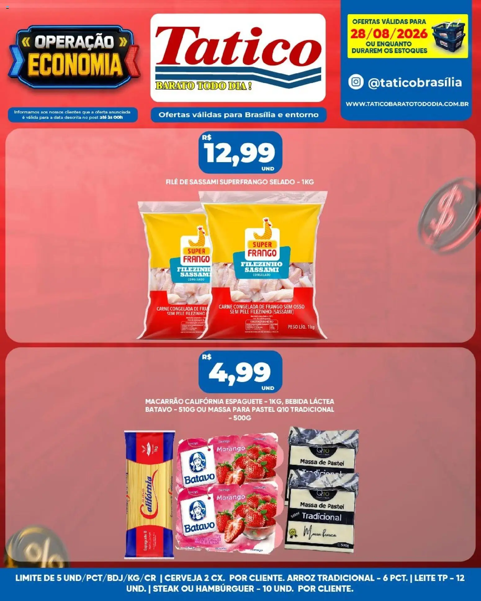 Tatico Folheto - válido de 28/08/2026 | Página: 6 | Produtos: Espaguete, Leite, Hambúrguer, Massa de pastel
