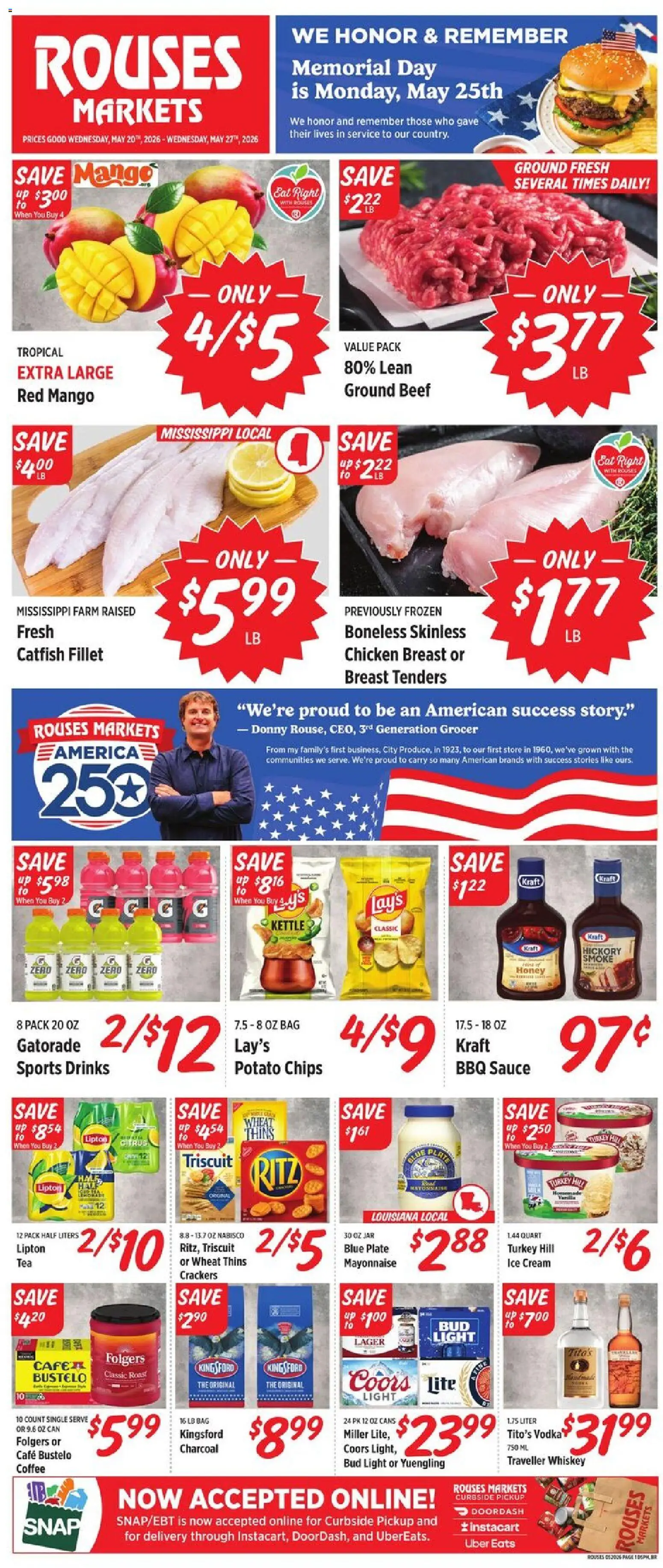 Rouses Weekly Ad - valid from 20.05.2026 | Page: 1 | Products: Cream, Whiskey, Mango, Bag
