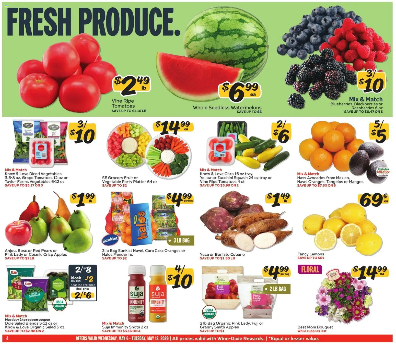 Winn Dixie Weekly Circular - FL - valid from 06.05.2026 | Page: 4 | Products: Squash, Spinach, Tomatoes, Vegetables