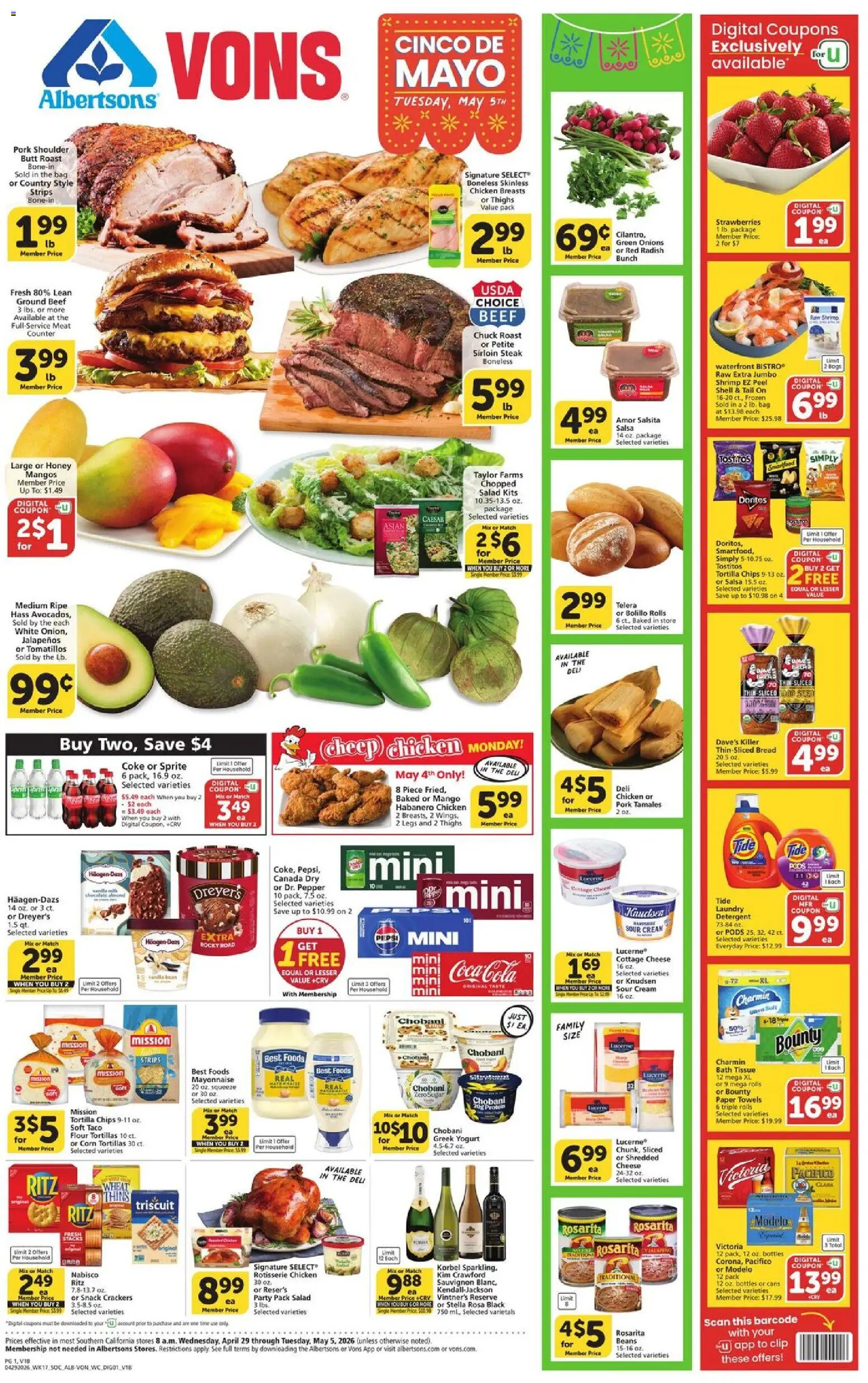 Vons Weekly Ad - SoCal - valid from 29.04.2026 | Page: 1 | Products: Clip, Cottage cheese, Mayonnaise, Bag