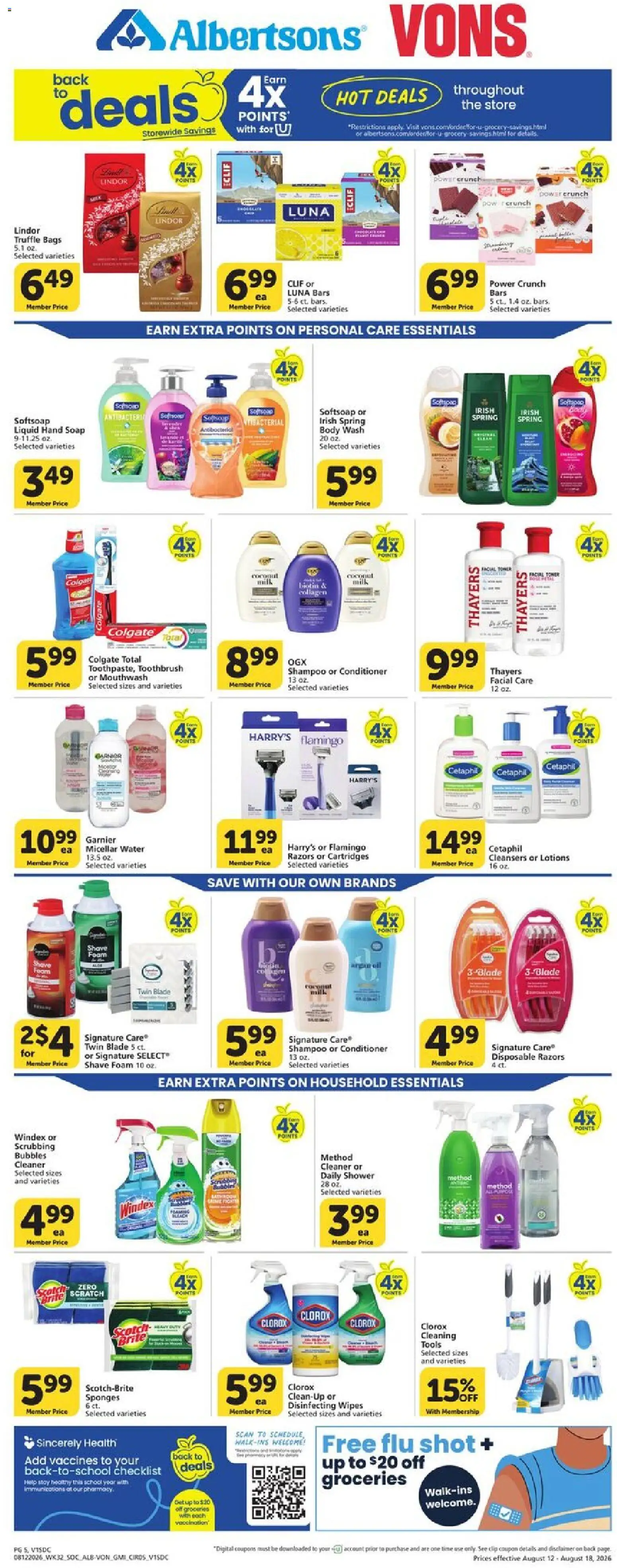 Vons Weekly Ad - valid from 08/12/2026 | Page: 4 | Products: Milk, Body Wash, Disinfecting wipes, Tools