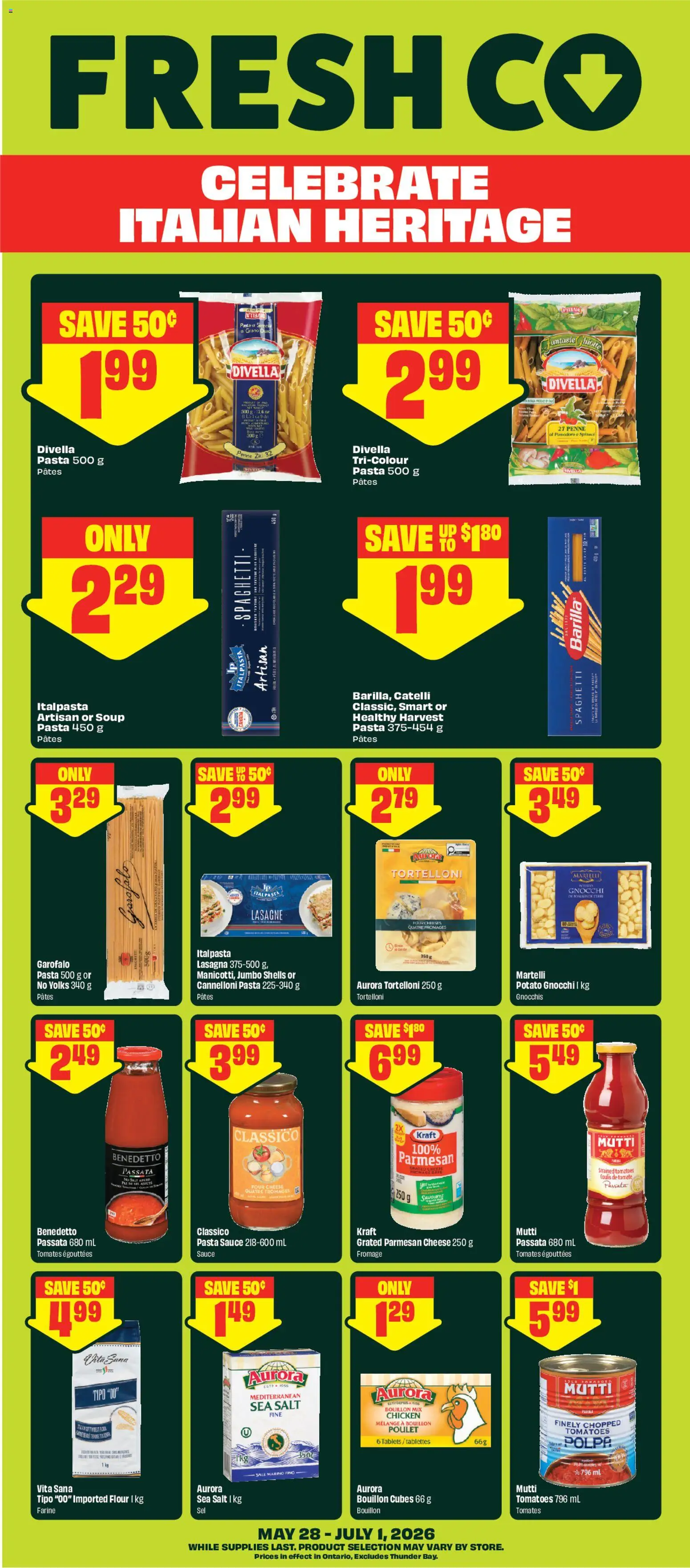 FreshCo flyer valid from 28.05.2026 | Page: 1 | Products: Pasta, Cheese, Chicken, Tomatoes