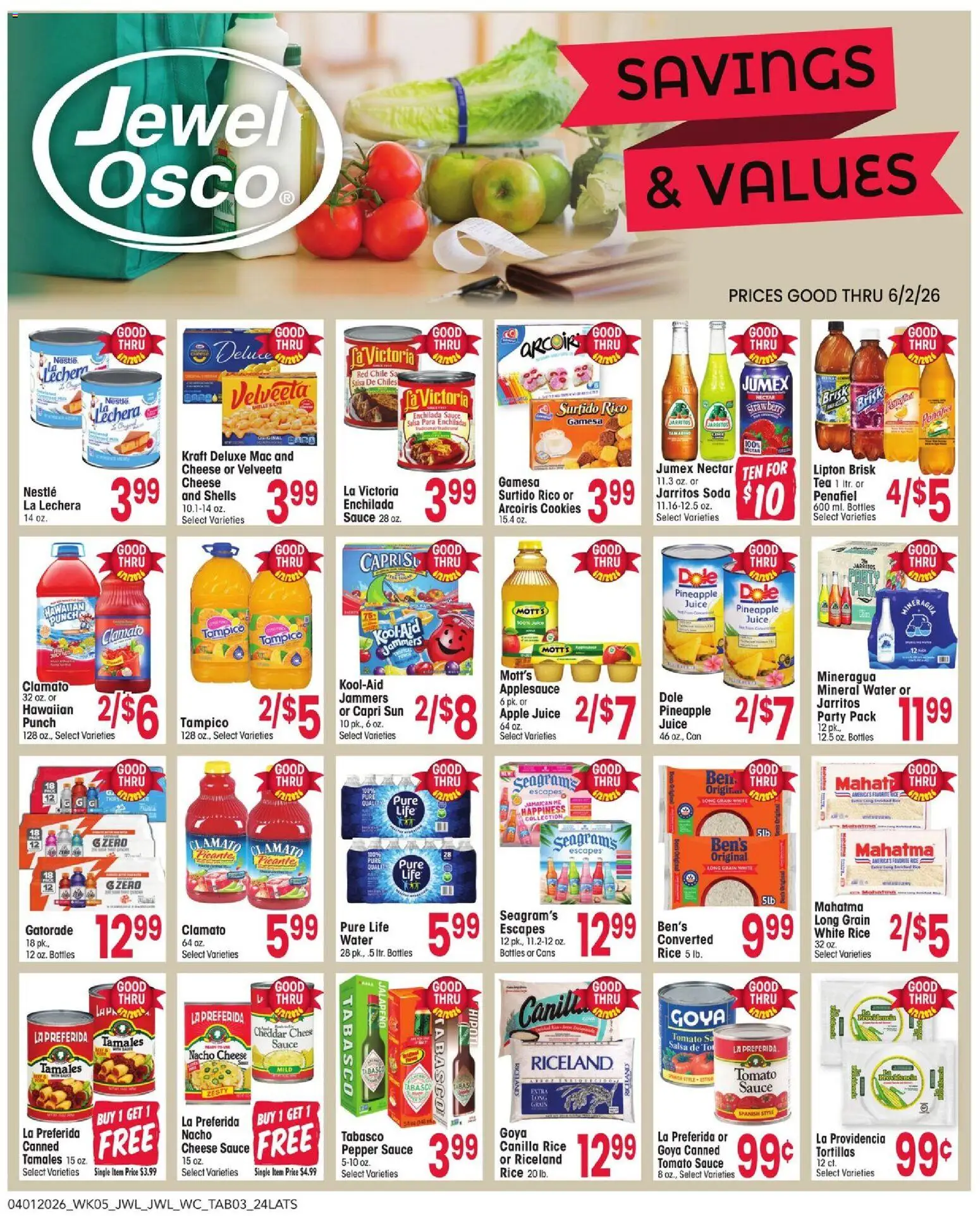 Jewel Osco Savings & Values - valid from 01.04.2026 | Page: 3 | Products: Cheese, Juice, Water, Pepper