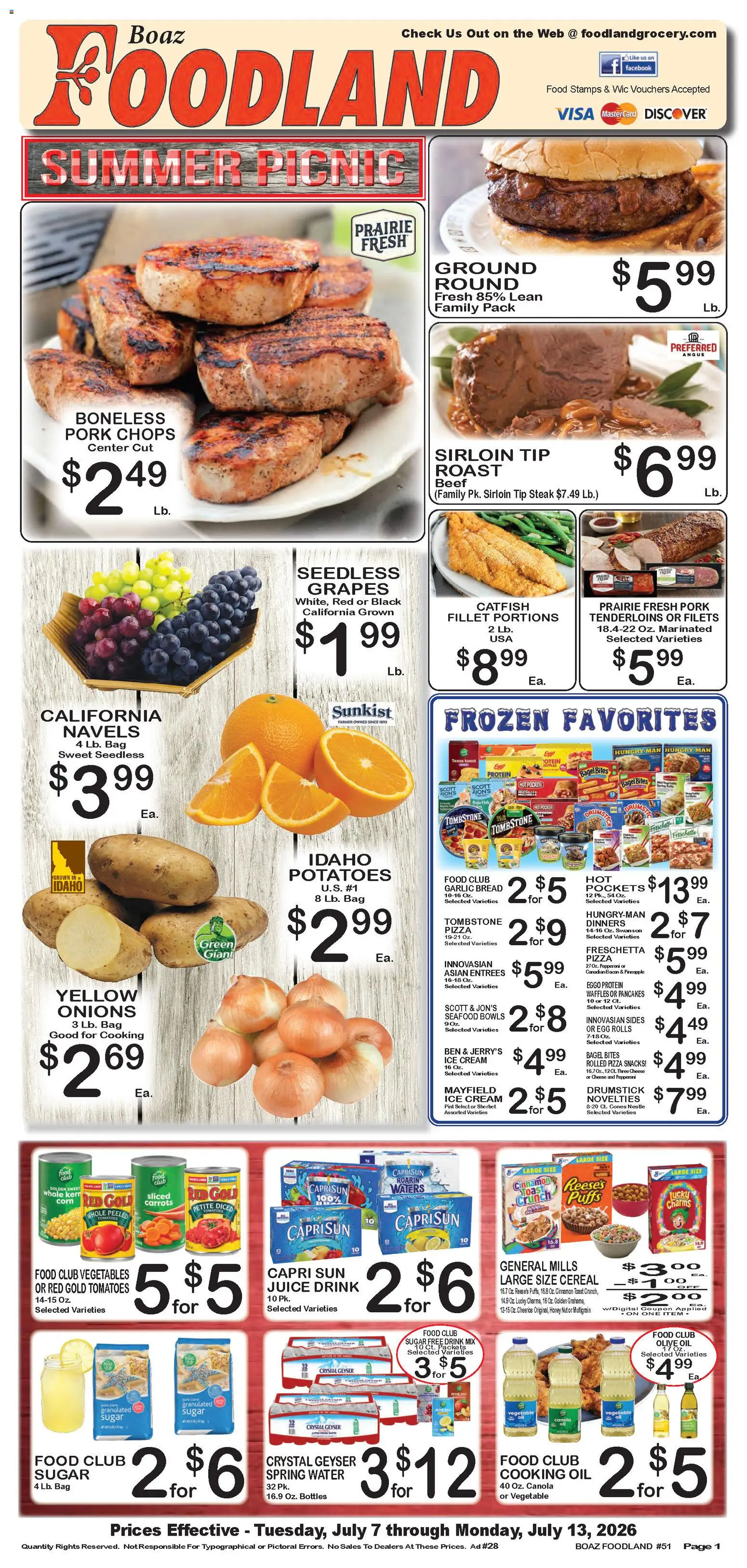 Foodland Weekly Ad - valid from 07/07/2026 | Page: 1 | Products: Pork, Beef, Ice cream, Potatoes